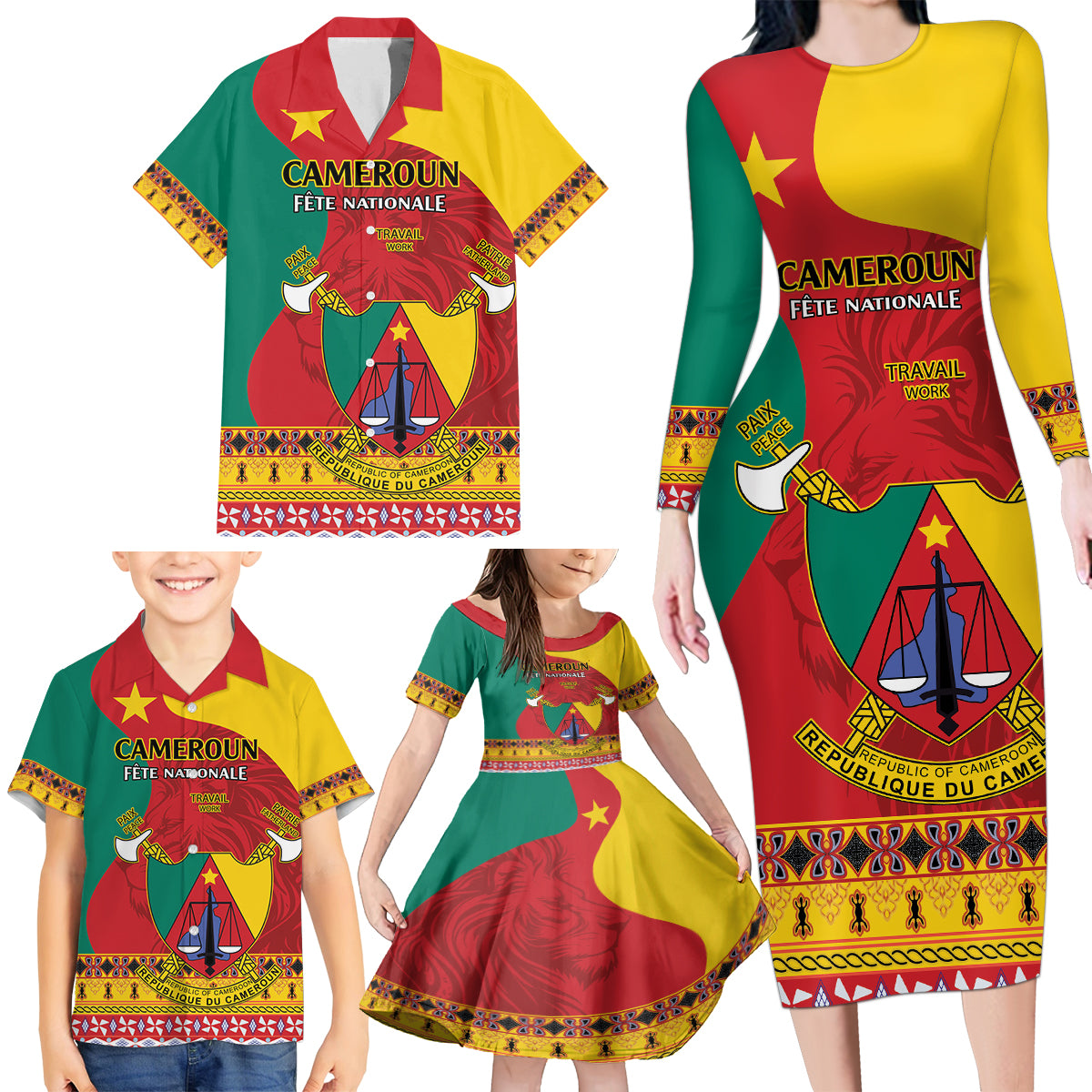 Personalised Cameroon National Day Family Matching Long Sleeve Bodycon Dress and Hawaiian Shirt Cameroun Coat Of Arms With Atoghu Pattern - Wonder Print Shop