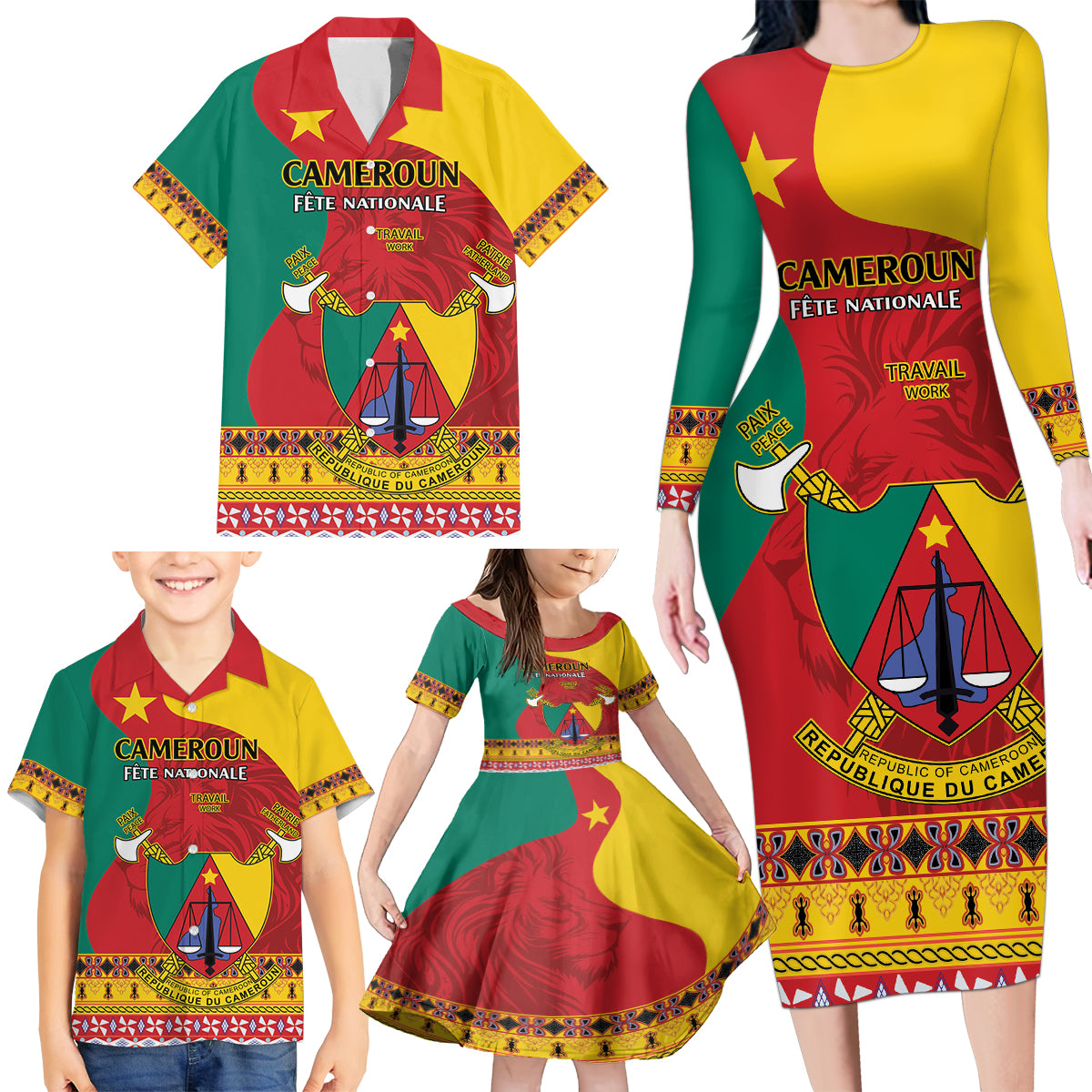 Personalised Cameroon National Day Family Matching Long Sleeve Bodycon Dress and Hawaiian Shirt Cameroun Coat Of Arms With Atoghu Pattern