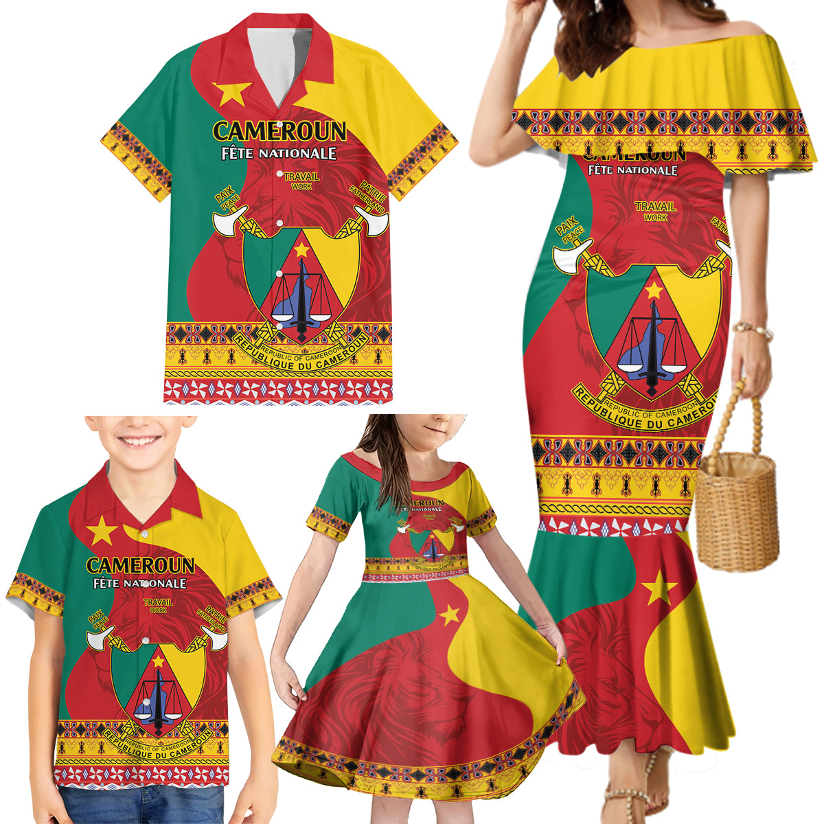 Personalised Cameroon National Day Family Matching Mermaid Dress and Hawaiian Shirt Cameroun Coat Of Arms With Atoghu Pattern