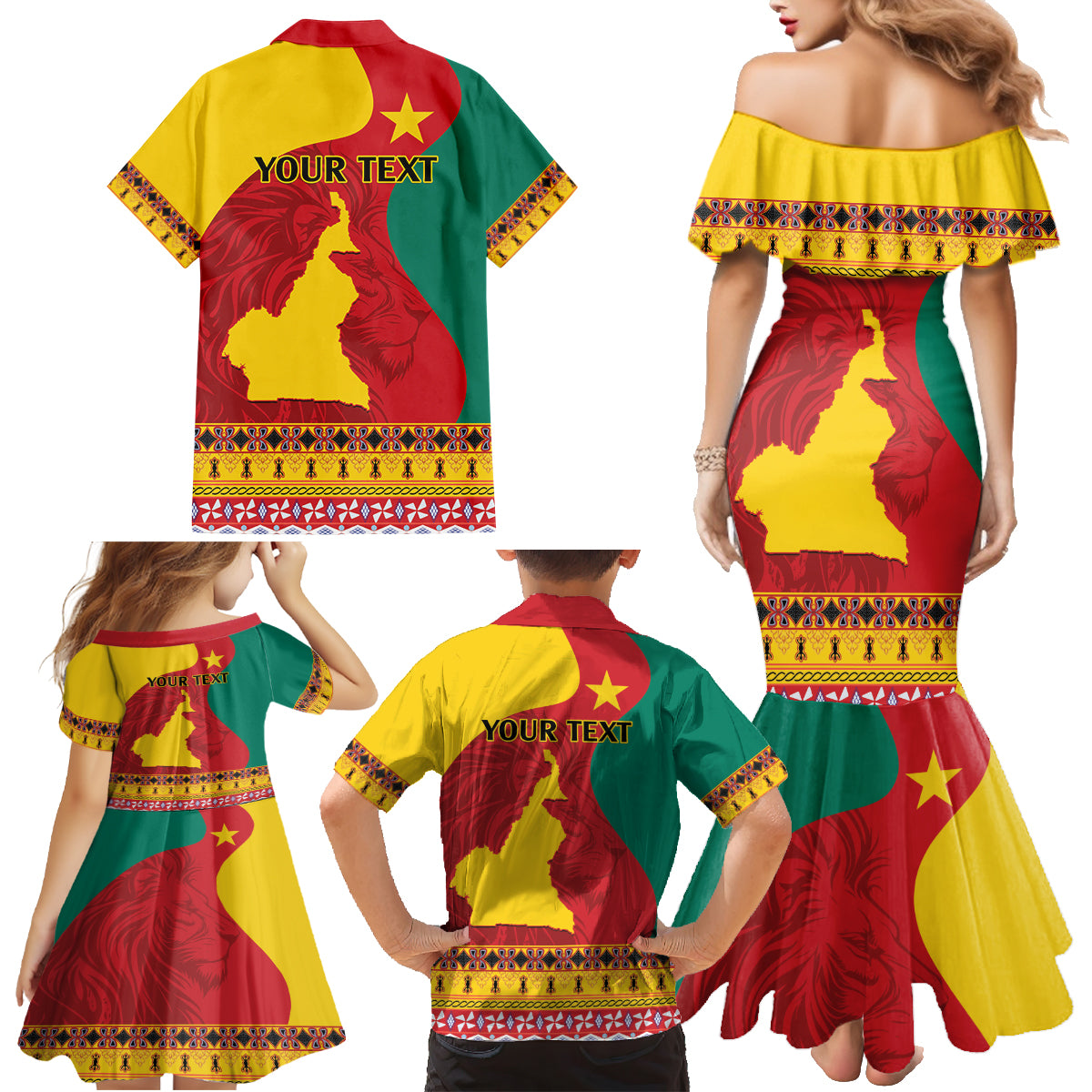 Personalised Cameroon National Day Family Matching Mermaid Dress and Hawaiian Shirt Cameroun Coat Of Arms With Atoghu Pattern - Wonder Print Shop