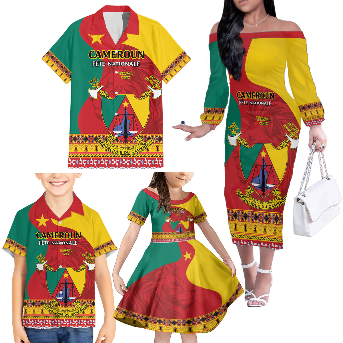 Personalised Cameroon National Day Family Matching Off The Shoulder Long Sleeve Dress and Hawaiian Shirt Cameroun Coat Of Arms With Atoghu Pattern