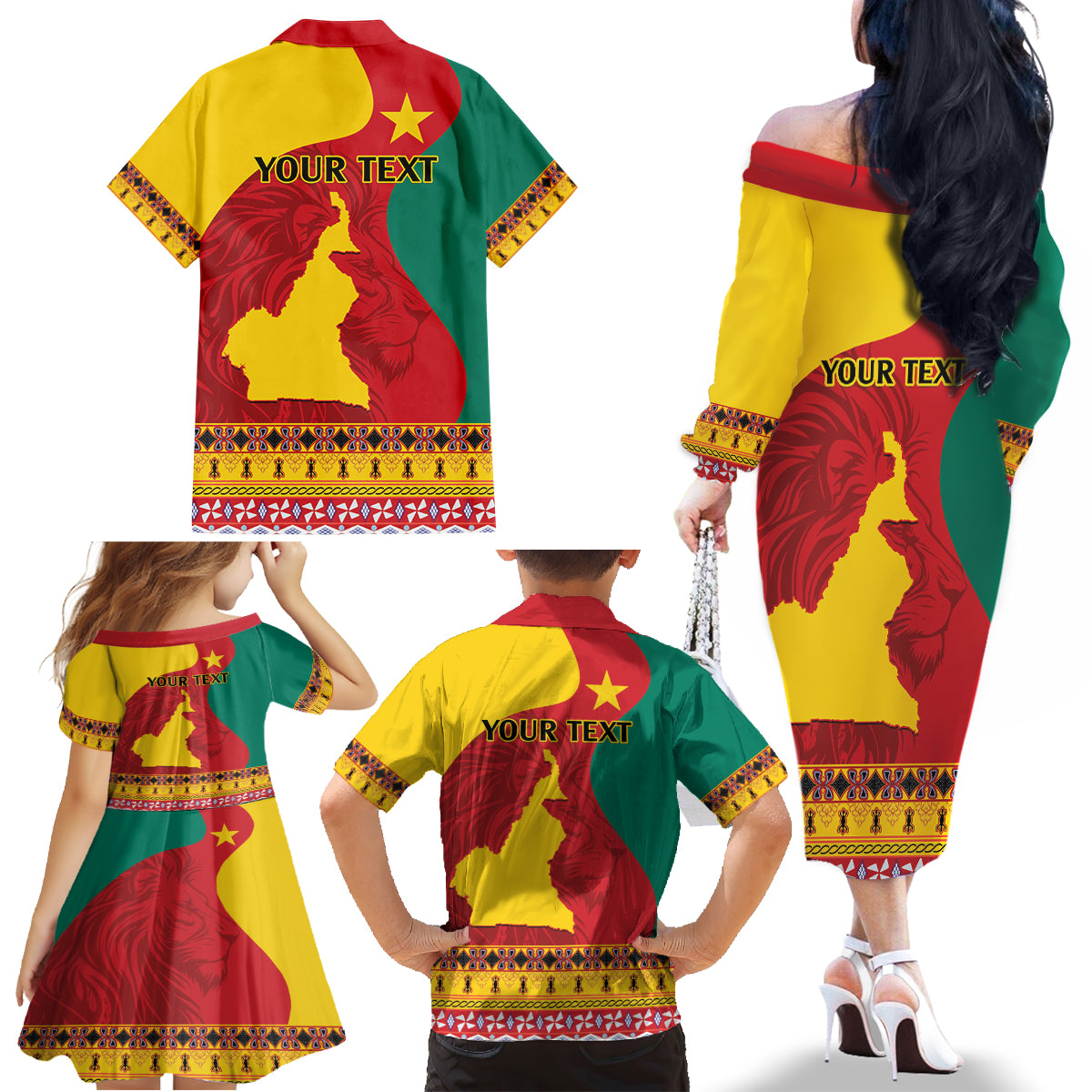 Personalised Cameroon National Day Family Matching Off The Shoulder Long Sleeve Dress and Hawaiian Shirt Cameroun Coat Of Arms With Atoghu Pattern - Wonder Print Shop