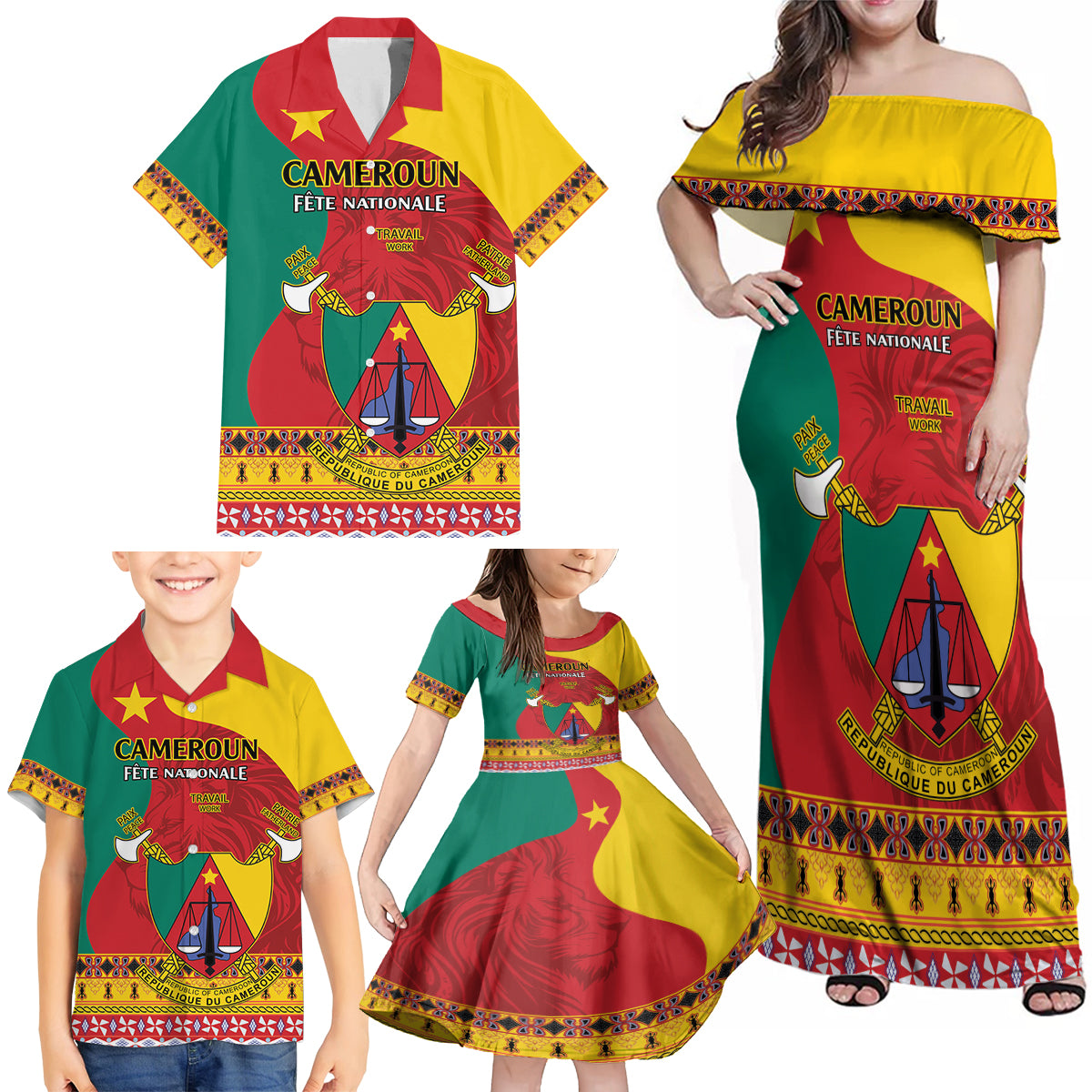 Personalised Cameroon National Day Family Matching Off Shoulder Maxi Dress and Hawaiian Shirt Cameroun Coat Of Arms With Atoghu Pattern - Wonder Print Shop