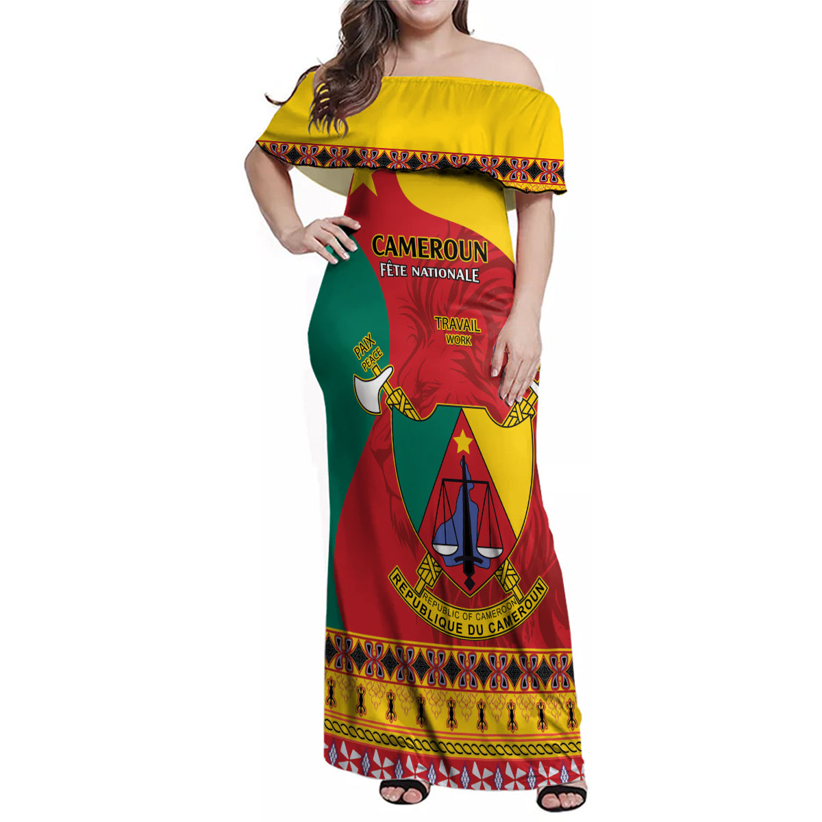 Personalised Cameroon National Day Family Matching Off Shoulder Maxi Dress and Hawaiian Shirt Cameroun Coat Of Arms With Atoghu Pattern - Wonder Print Shop