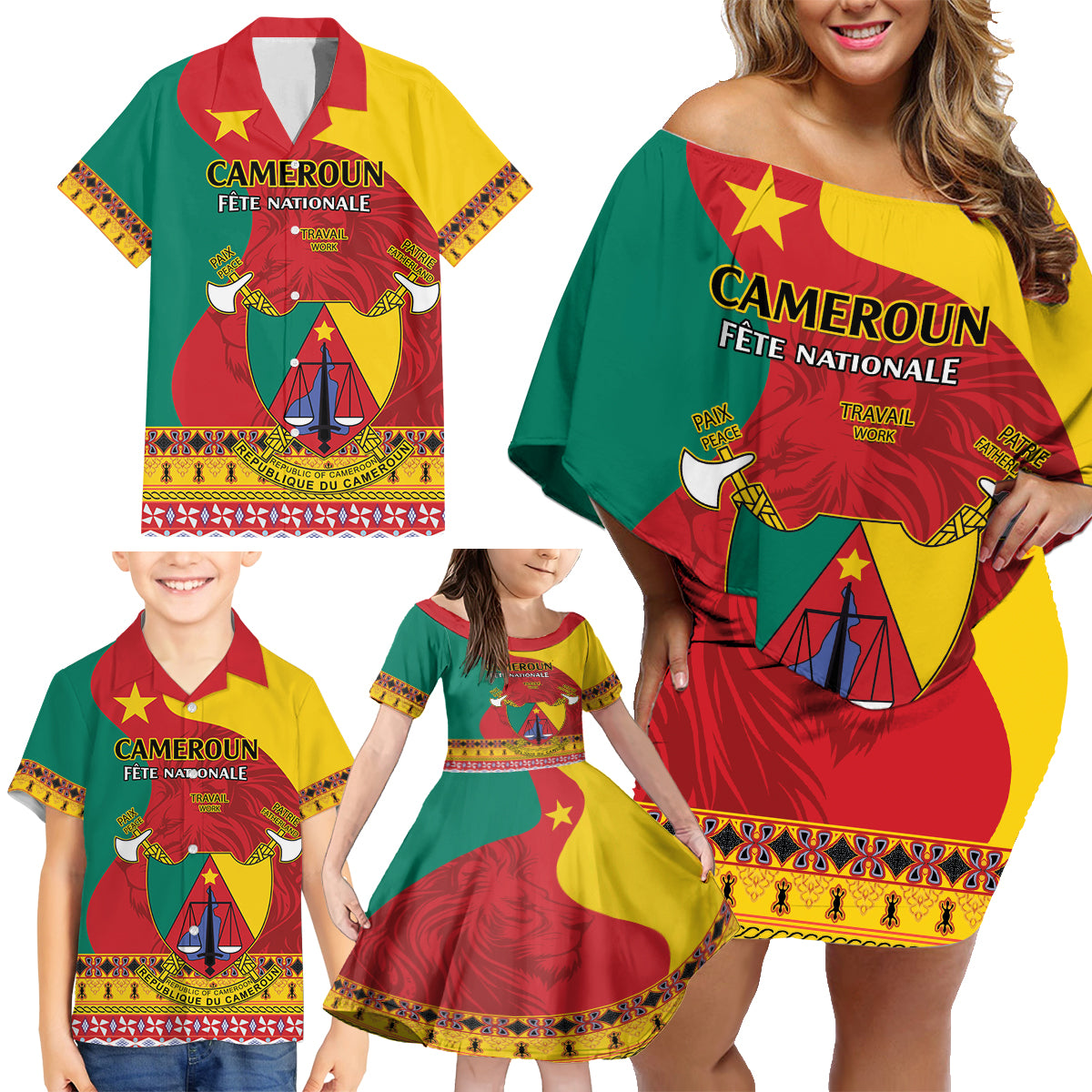 Personalised Cameroon National Day Family Matching Off Shoulder Short Dress and Hawaiian Shirt Cameroun Coat Of Arms With Atoghu Pattern