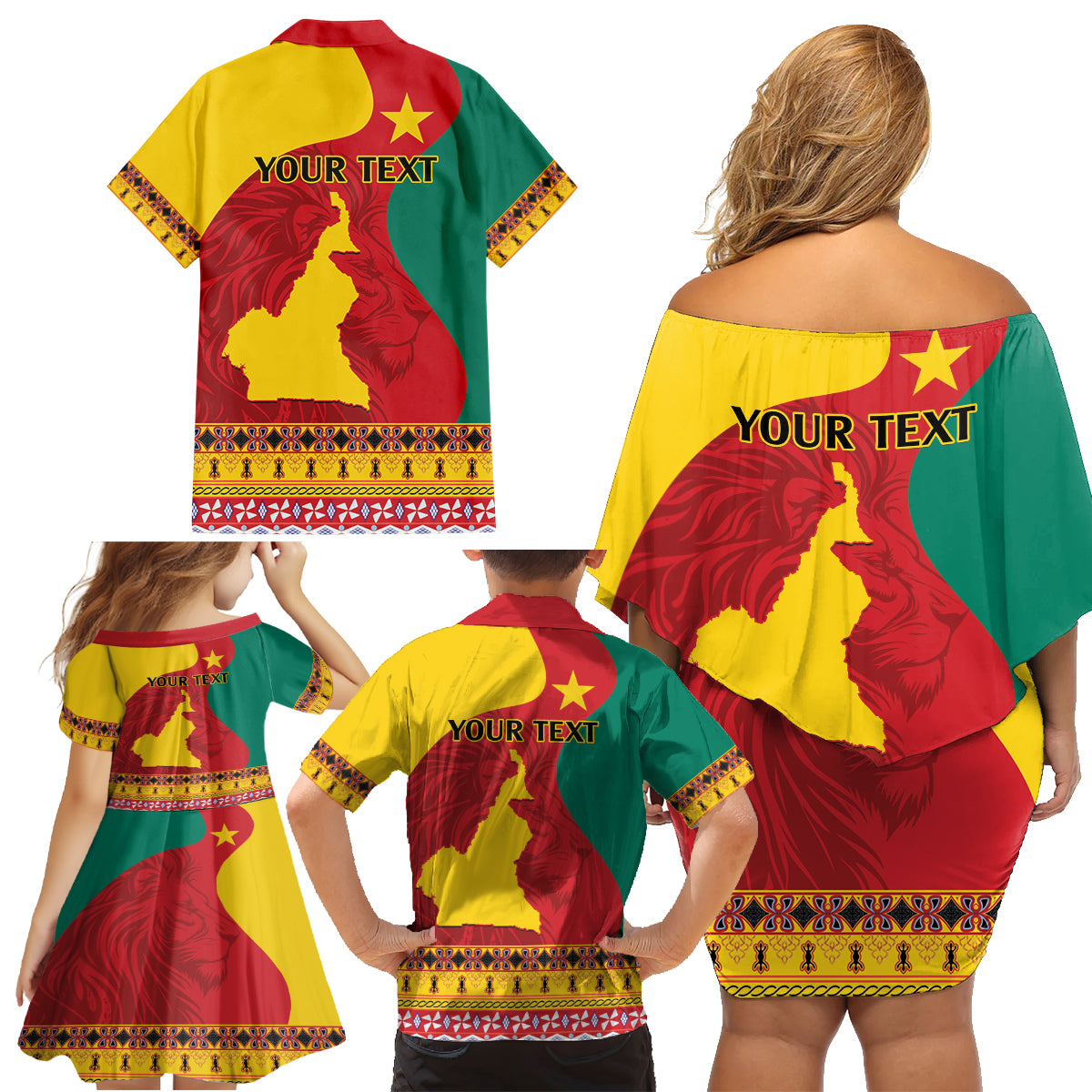 Personalised Cameroon National Day Family Matching Off Shoulder Short Dress and Hawaiian Shirt Cameroun Coat Of Arms With Atoghu Pattern - Wonder Print Shop