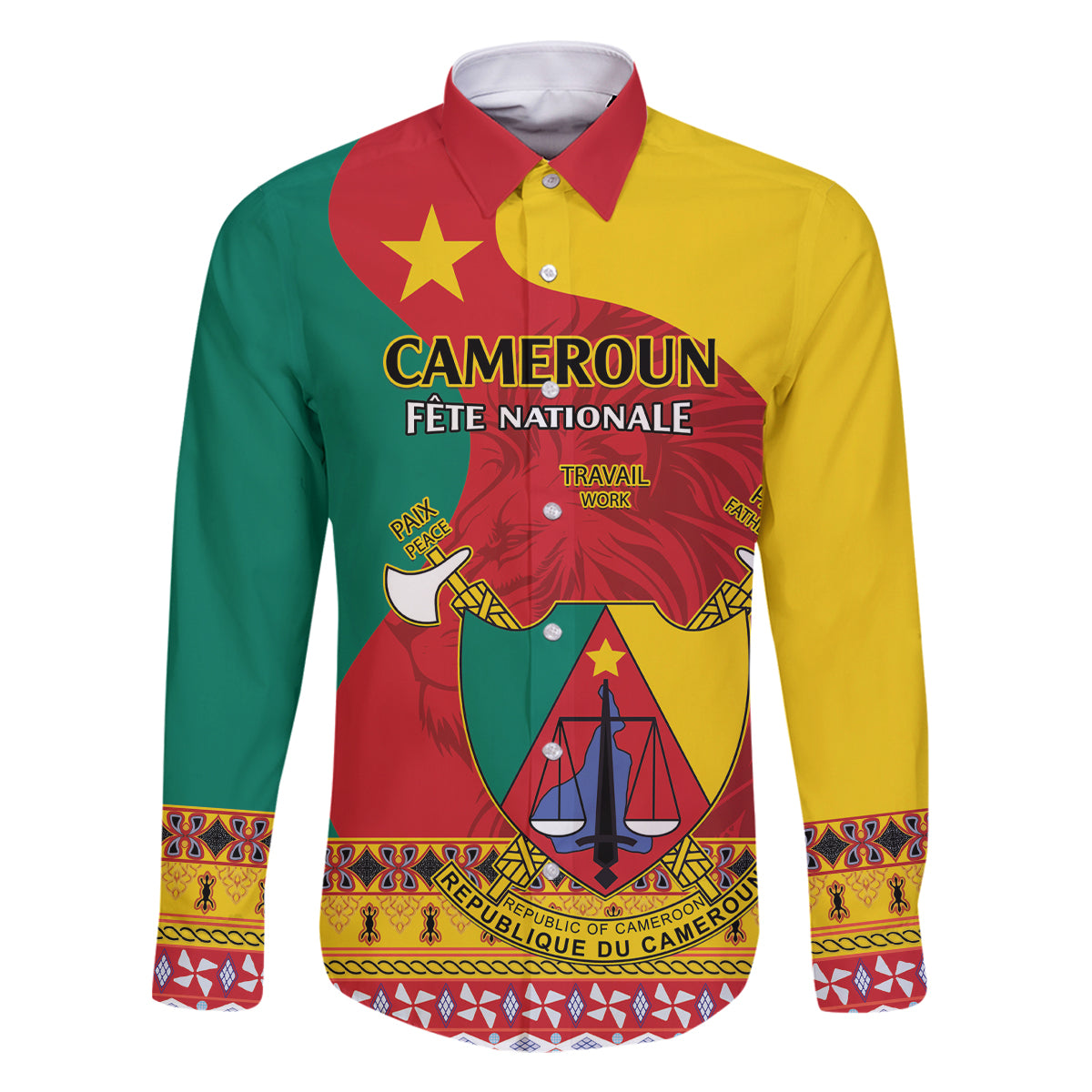Personalised Cameroon National Day Family Matching Off Shoulder Short Dress and Hawaiian Shirt Cameroun Coat Of Arms With Atoghu Pattern - Wonder Print Shop