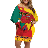 Personalised Cameroon National Day Family Matching Off Shoulder Short Dress and Hawaiian Shirt Cameroun Coat Of Arms With Atoghu Pattern - Wonder Print Shop