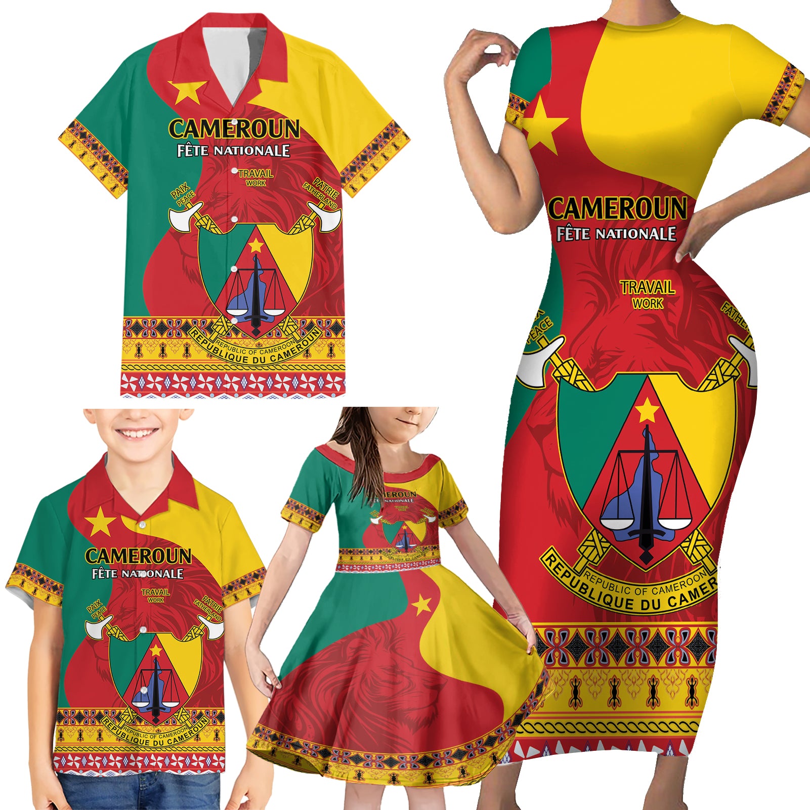 Personalised Cameroon National Day Family Matching Short Sleeve Bodycon Dress and Hawaiian Shirt Cameroun Coat Of Arms With Atoghu Pattern