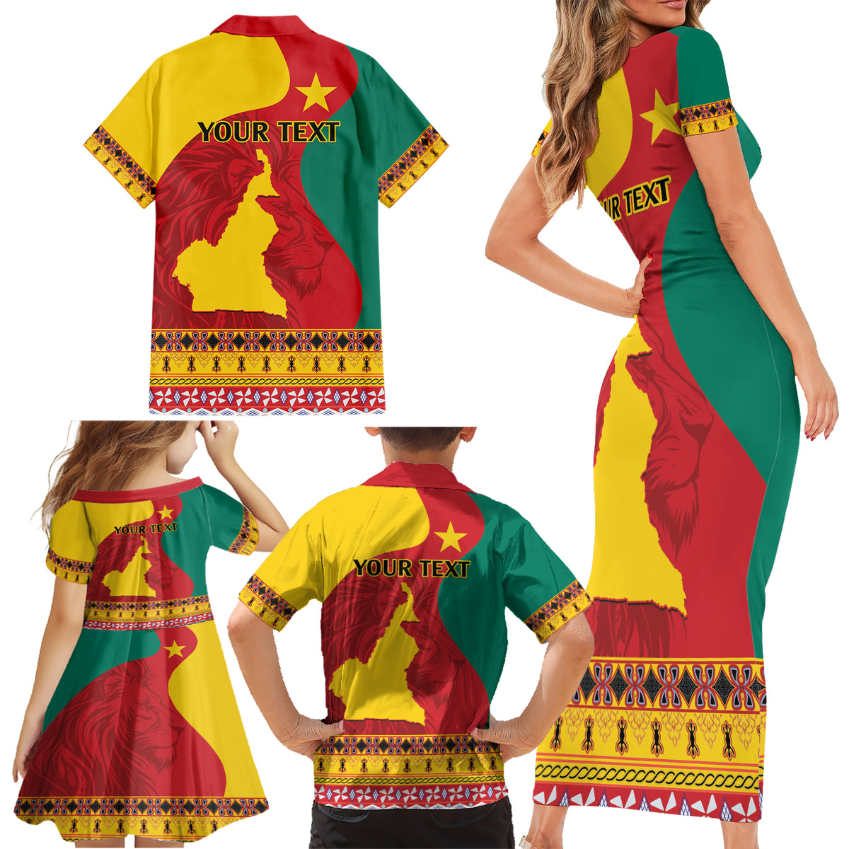 Personalised Cameroon National Day Family Matching Short Sleeve Bodycon Dress and Hawaiian Shirt Cameroun Coat Of Arms With Atoghu Pattern - Wonder Print Shop