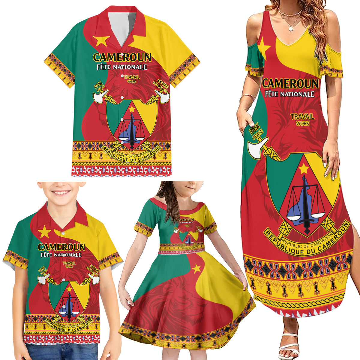Personalised Cameroon National Day Family Matching Summer Maxi Dress and Hawaiian Shirt Cameroun Coat Of Arms With Atoghu Pattern - Wonder Print Shop