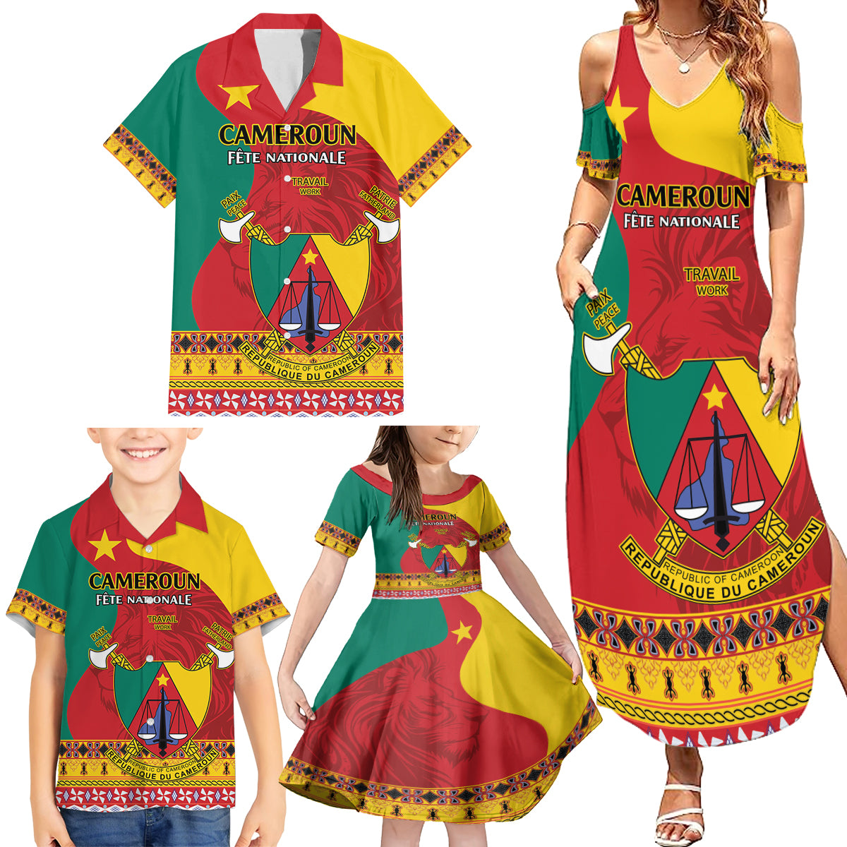 Personalised Cameroon National Day Family Matching Summer Maxi Dress and Hawaiian Shirt Cameroun Coat Of Arms With Atoghu Pattern