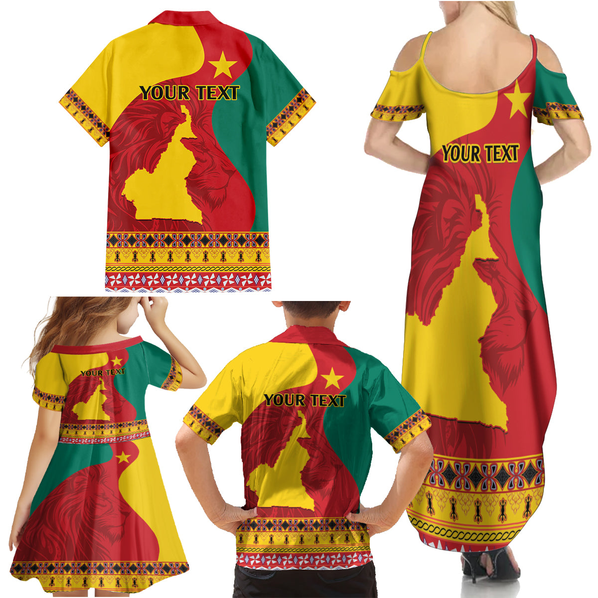 Personalised Cameroon National Day Family Matching Summer Maxi Dress and Hawaiian Shirt Cameroun Coat Of Arms With Atoghu Pattern - Wonder Print Shop