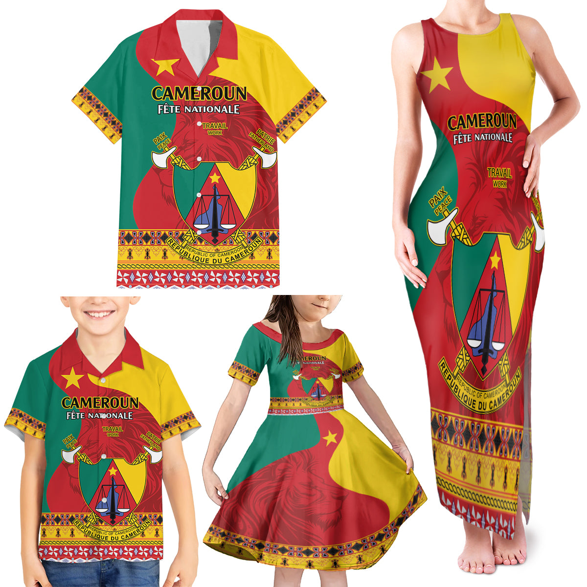 Personalised Cameroon National Day Family Matching Tank Maxi Dress and Hawaiian Shirt Cameroun Coat Of Arms With Atoghu Pattern - Wonder Print Shop