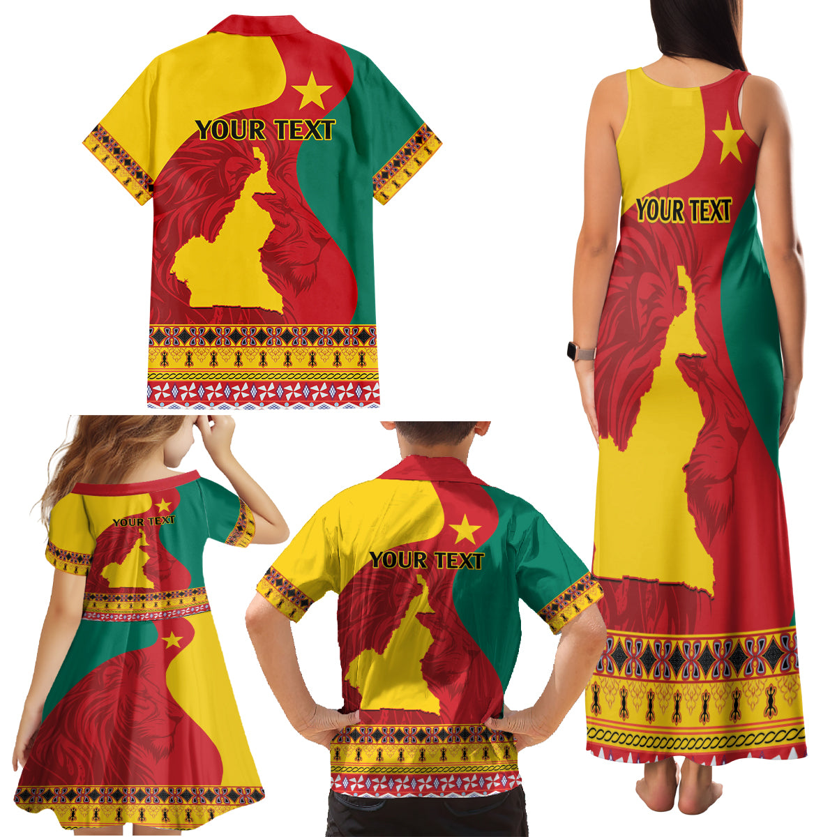 Personalised Cameroon National Day Family Matching Tank Maxi Dress and Hawaiian Shirt Cameroun Coat Of Arms With Atoghu Pattern - Wonder Print Shop
