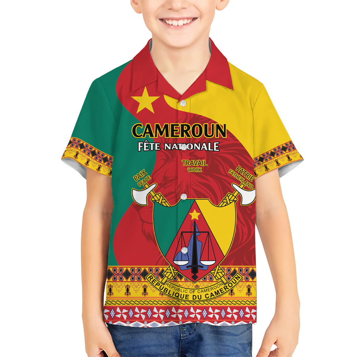 Personalised Cameroon National Day Hawaiian Shirt Cameroun Coat Of Arms With Atoghu Pattern - Wonder Print Shop