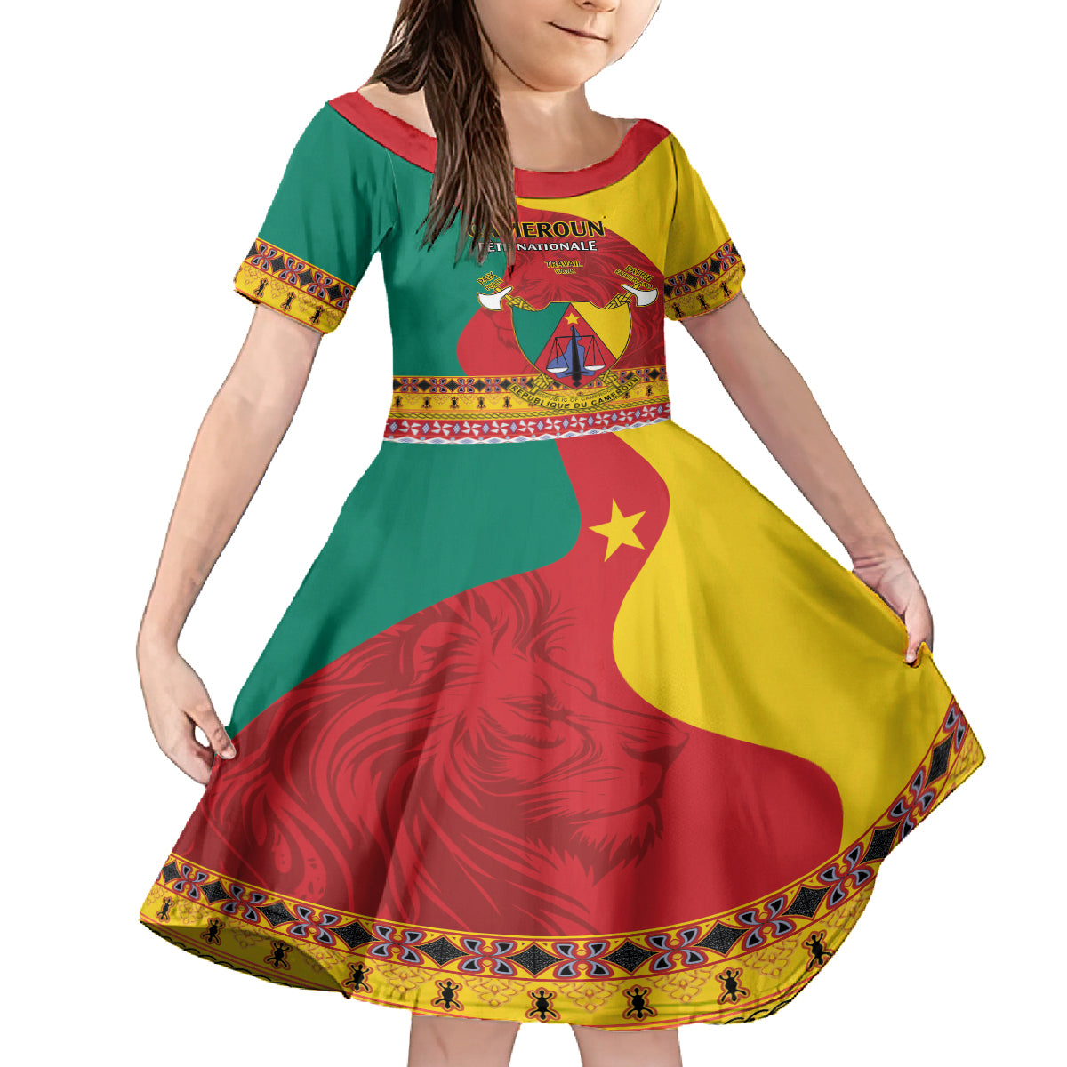 Personalised Cameroon National Day Kid Short Sleeve Dress Cameroun Coat Of Arms With Atoghu Pattern - Wonder Print Shop