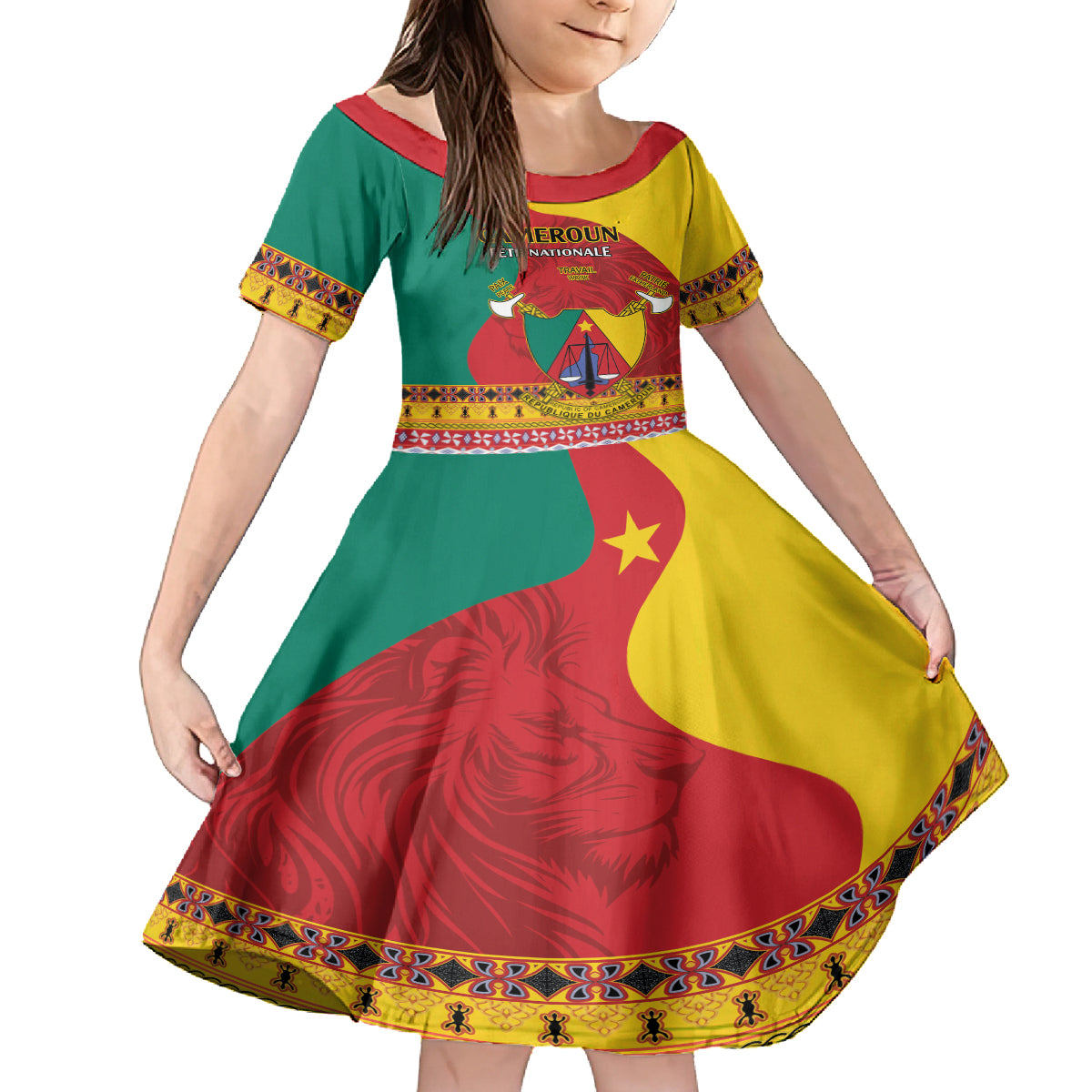Personalised Cameroon National Day Kid Short Sleeve Dress Cameroun Coat Of Arms With Atoghu Pattern