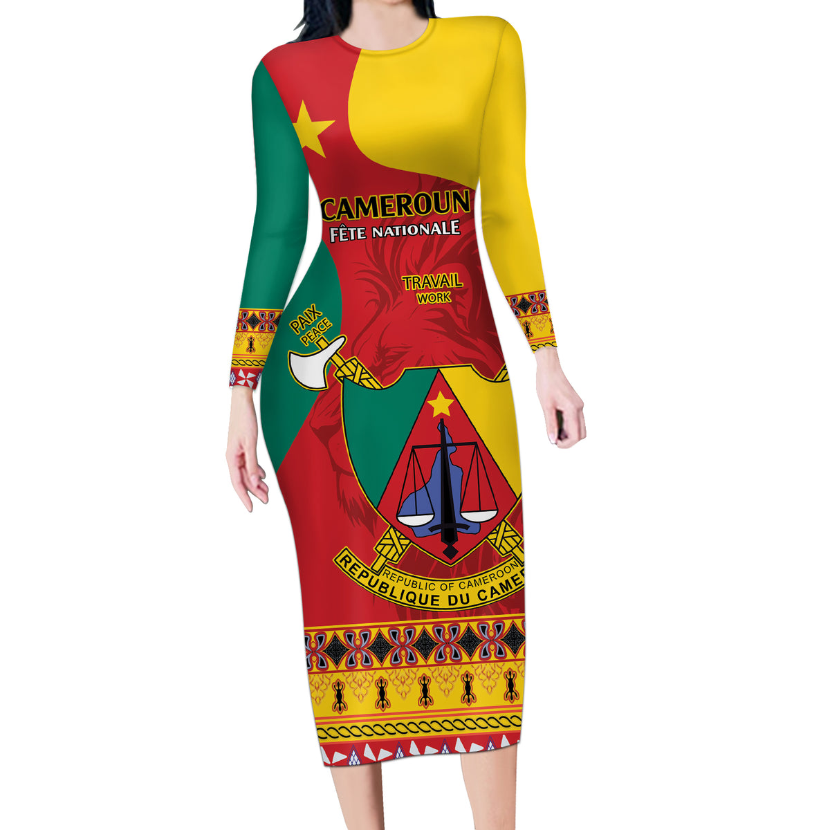 Personalised Cameroon National Day Long Sleeve Bodycon Dress Cameroun Coat Of Arms With Atoghu Pattern - Wonder Print Shop