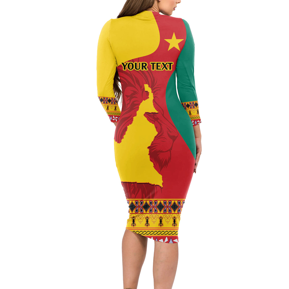 Personalised Cameroon National Day Long Sleeve Bodycon Dress Cameroun Coat Of Arms With Atoghu Pattern - Wonder Print Shop