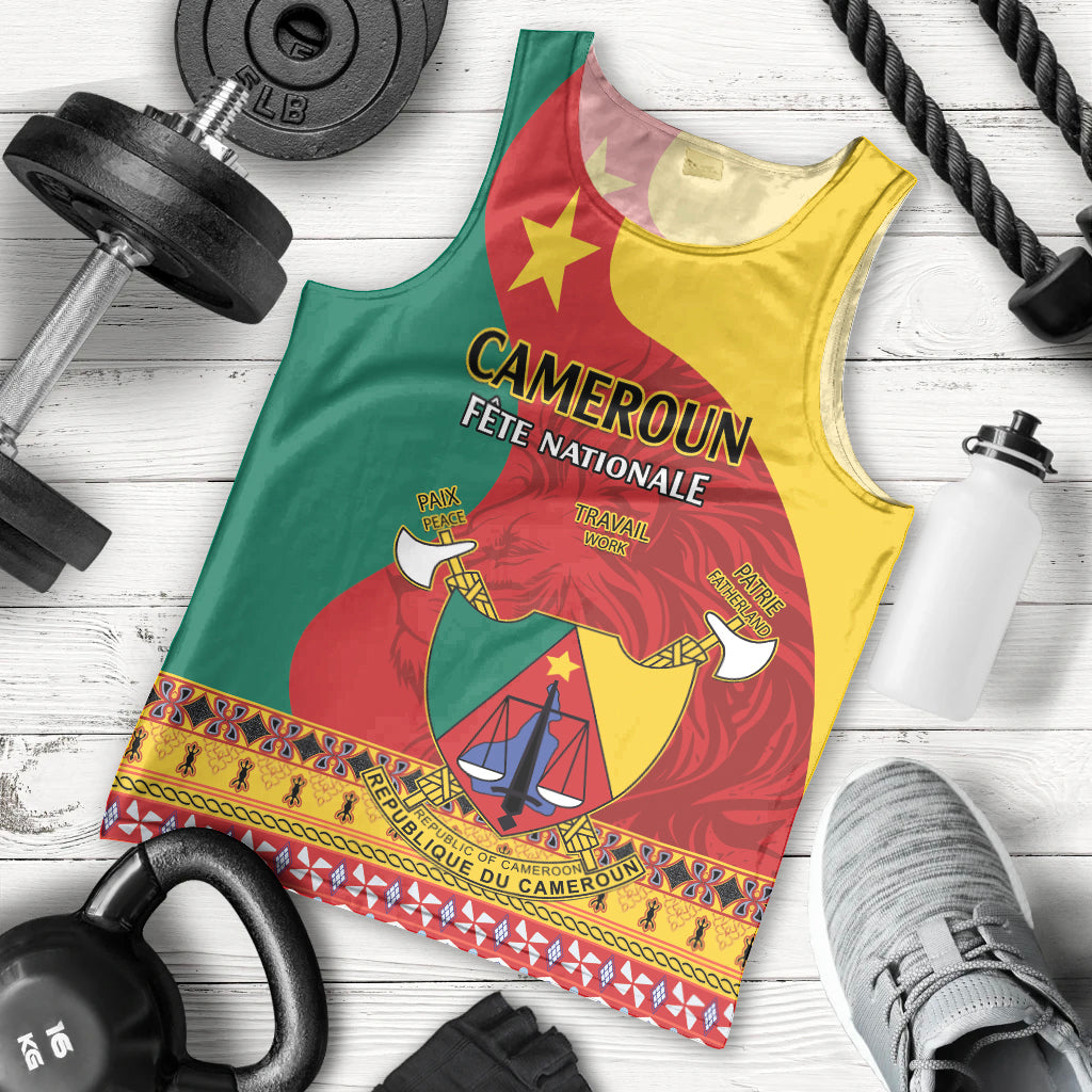 Personalised Cameroon National Day Men Tank Top Cameroun Coat Of Arms With Atoghu Pattern - Wonder Print Shop