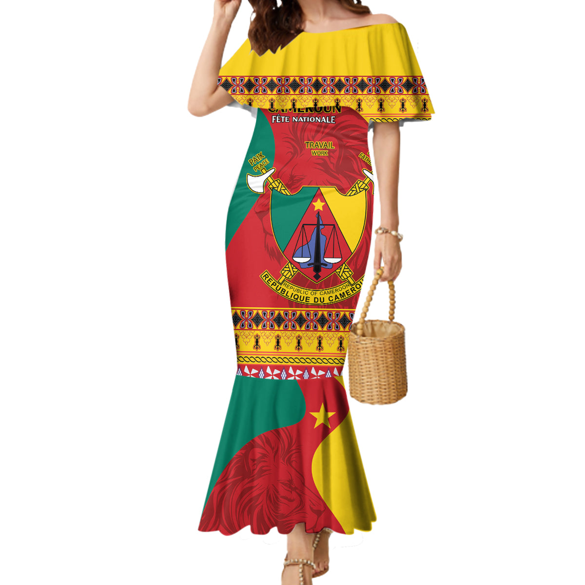 Personalised Cameroon National Day Mermaid Dress Cameroun Coat Of Arms With Atoghu Pattern - Wonder Print Shop