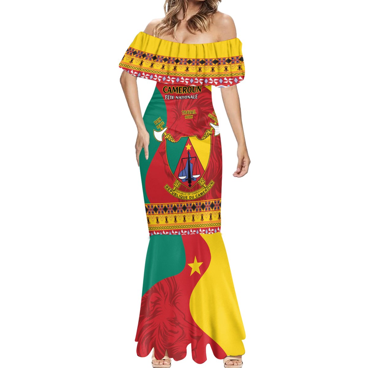 Personalised Cameroon National Day Mermaid Dress Cameroun Coat Of Arms With Atoghu Pattern - Wonder Print Shop
