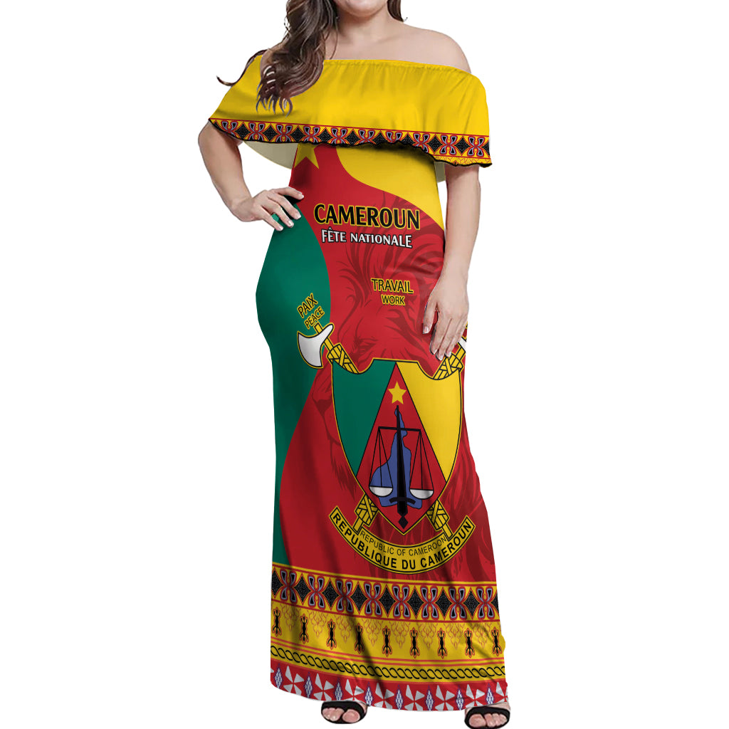 Personalised Cameroon National Day Off Shoulder Maxi Dress Cameroun Coat Of Arms With Atoghu Pattern - Wonder Print Shop