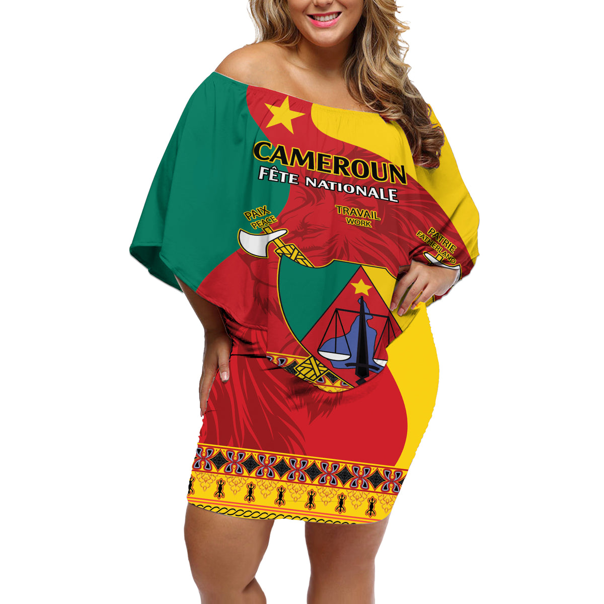 Personalised Cameroon National Day Off Shoulder Short Dress Cameroun Coat Of Arms With Atoghu Pattern - Wonder Print Shop
