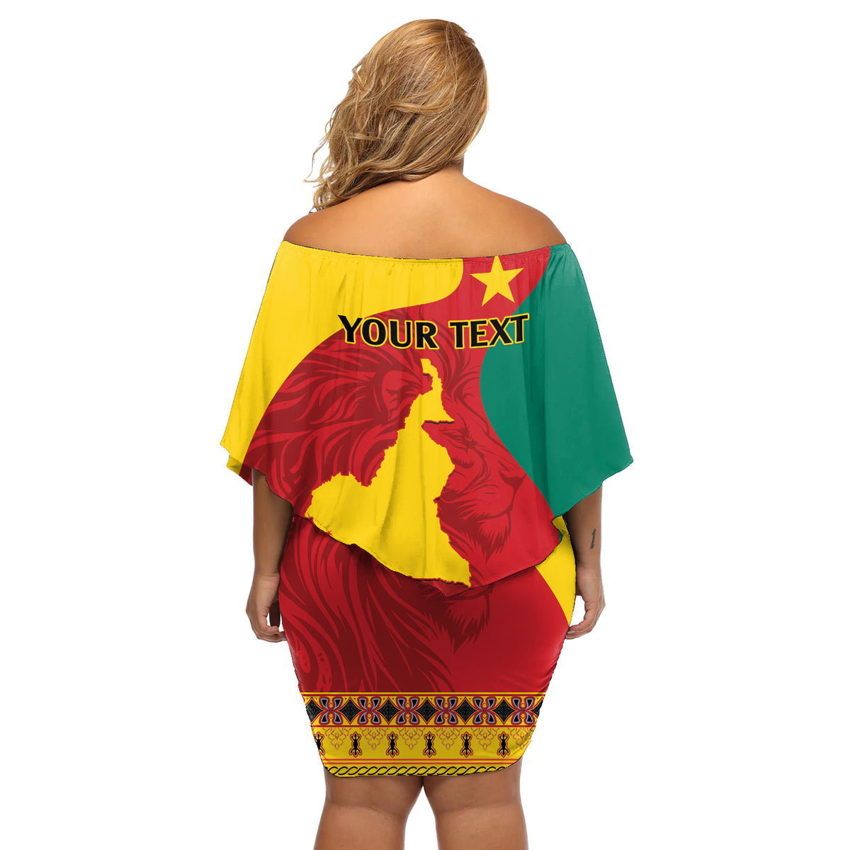 Personalised Cameroon National Day Off Shoulder Short Dress Cameroun Coat Of Arms With Atoghu Pattern - Wonder Print Shop