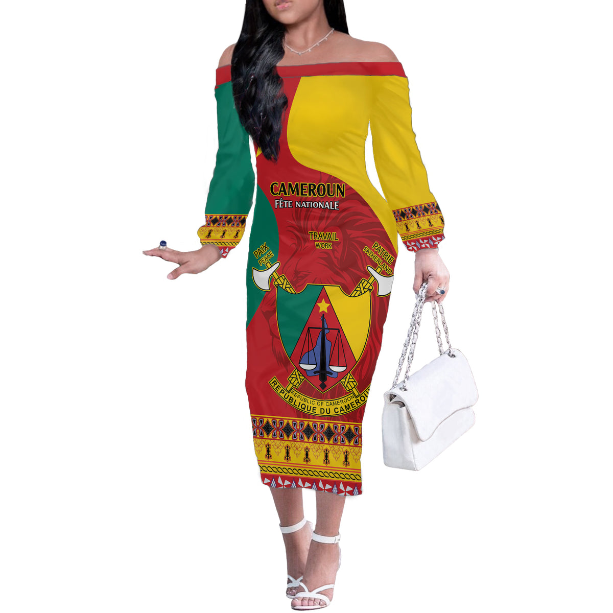 Personalised Cameroon National Day Off The Shoulder Long Sleeve Dress Cameroun Coat Of Arms With Atoghu Pattern - Wonder Print Shop