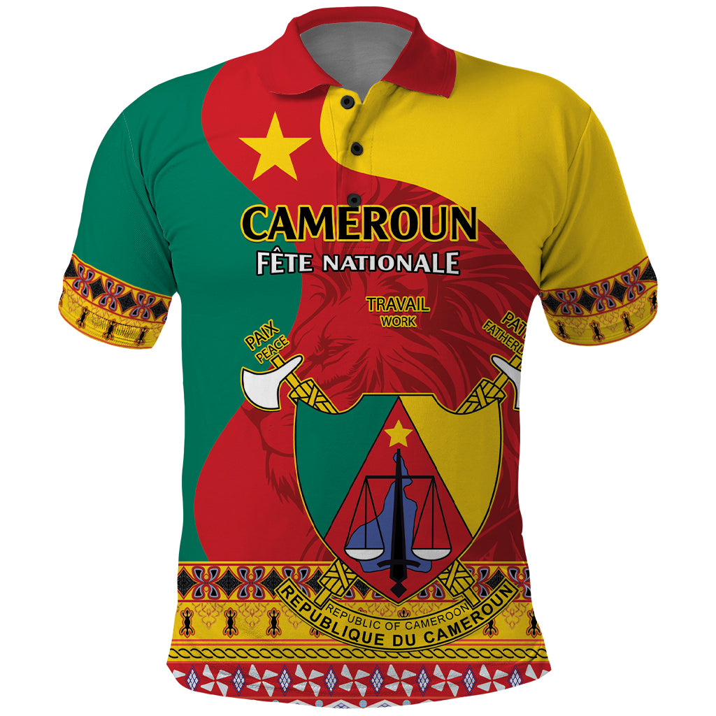 Personalised Cameroon National Day Polo Shirt Cameroun Coat Of Arms With Atoghu Pattern - Wonder Print Shop