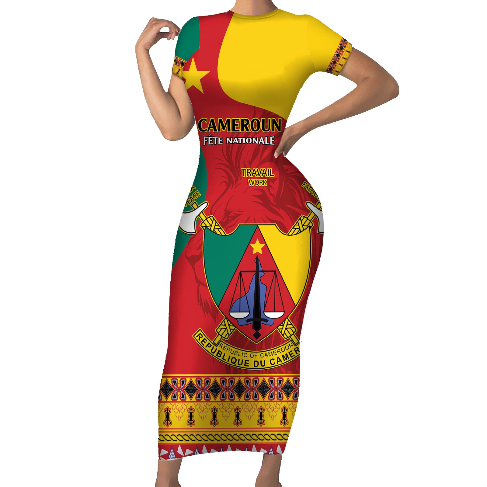 Personalised Cameroon National Day Short Sleeve Bodycon Dress Cameroun Coat Of Arms With Atoghu Pattern - Wonder Print Shop