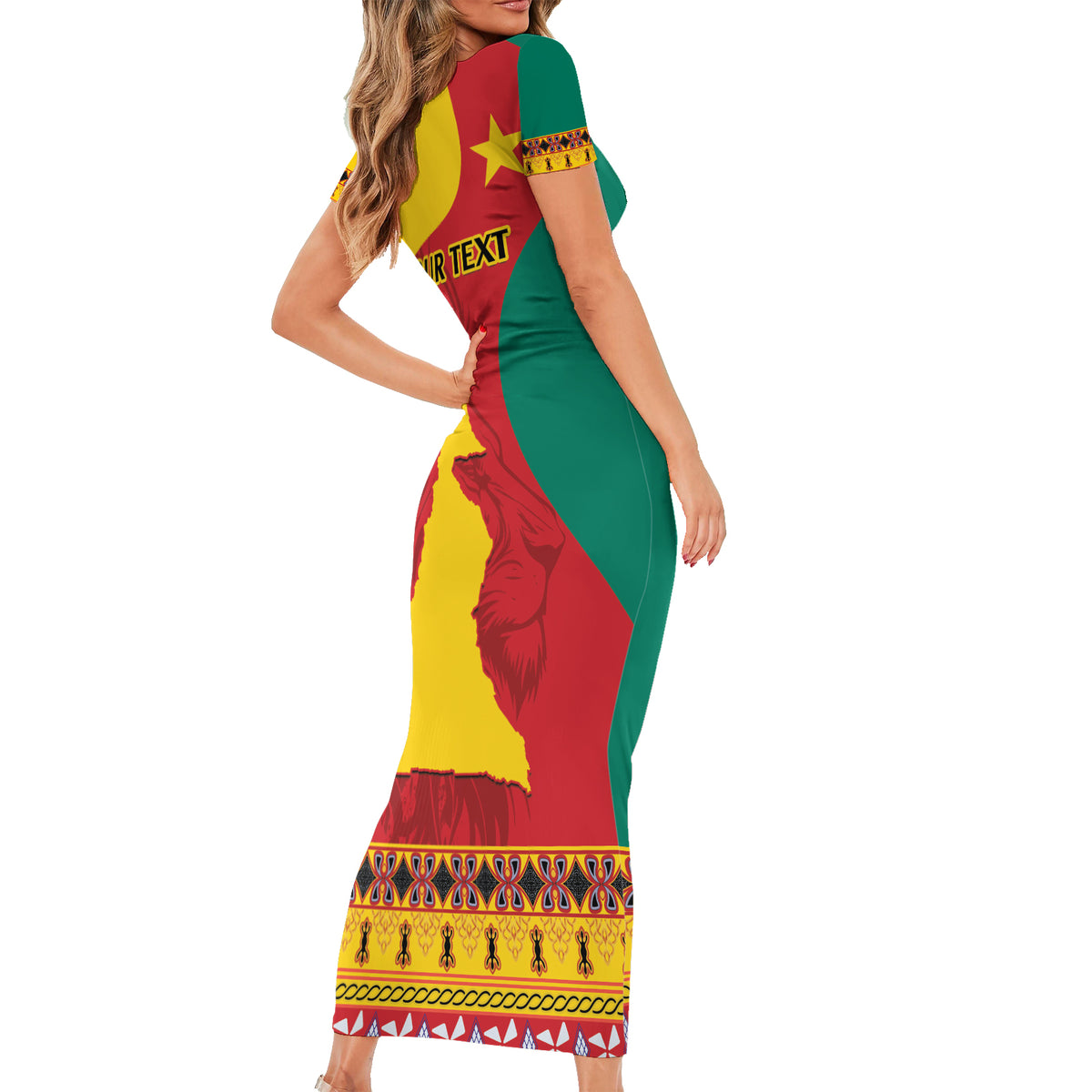 Personalised Cameroon National Day Short Sleeve Bodycon Dress Cameroun Coat Of Arms With Atoghu Pattern - Wonder Print Shop