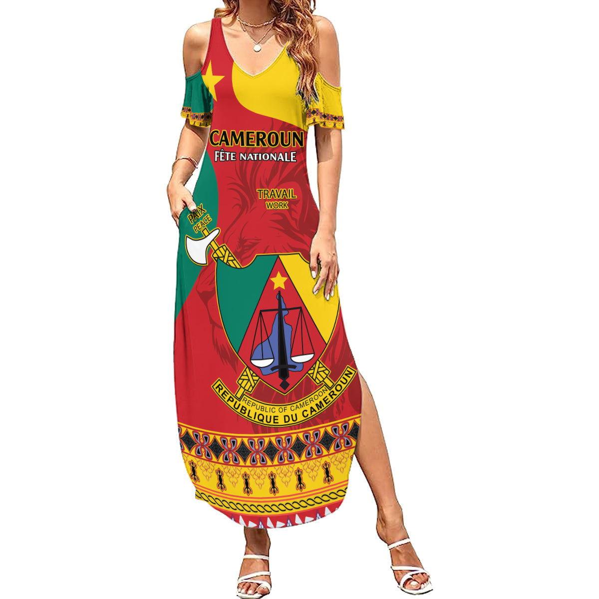 Personalised Cameroon National Day Summer Maxi Dress Cameroun Coat Of Arms With Atoghu Pattern - Wonder Print Shop
