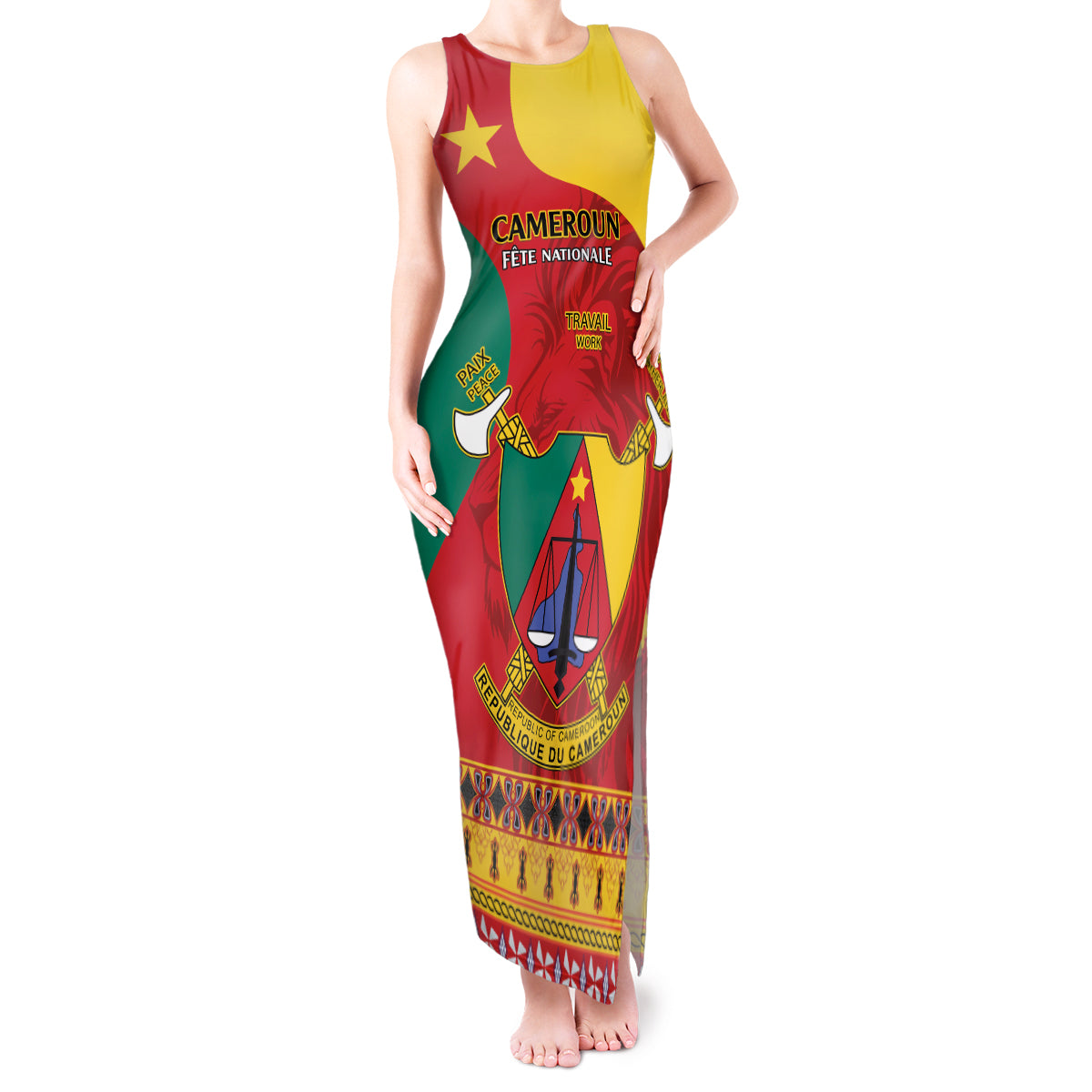 Personalised Cameroon National Day Tank Maxi Dress Cameroun Coat Of Arms With Atoghu Pattern - Wonder Print Shop