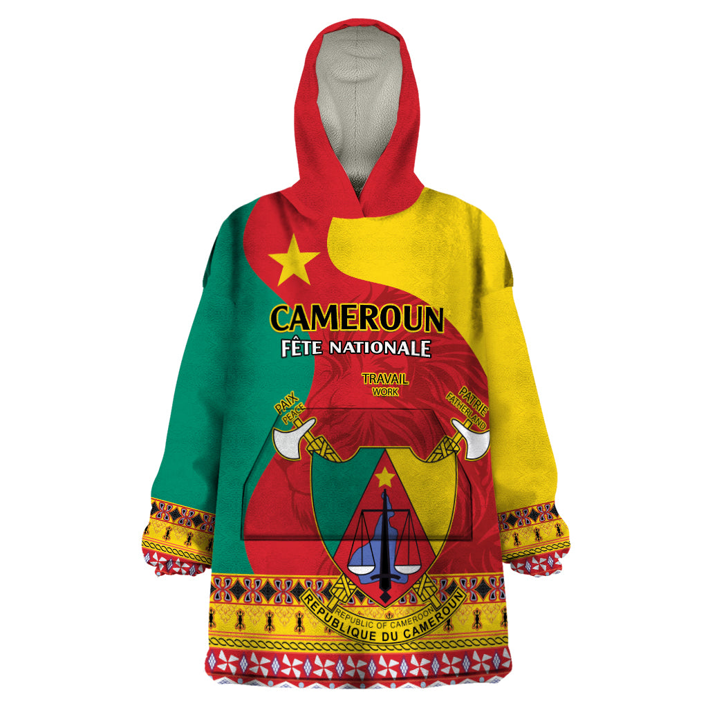 Personalised Cameroon National Day Wearable Blanket Hoodie Cameroun Coat Of Arms With Atoghu Pattern