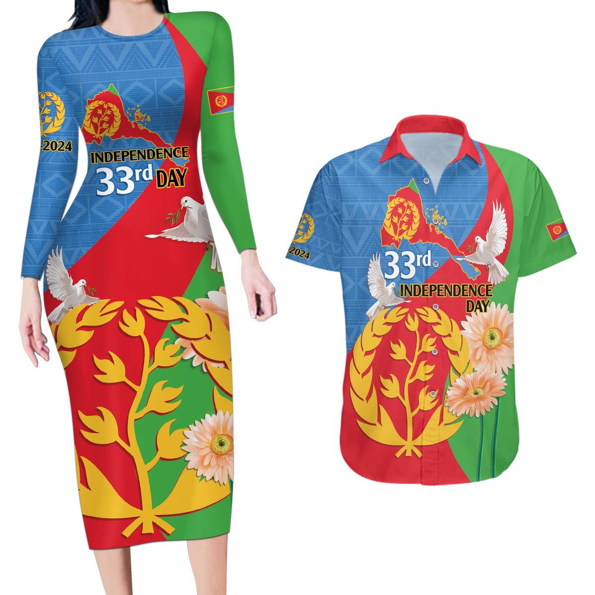 Eritrea Independence Day Couples Matching Long Sleeve Bodycon Dress and Hawaiian Shirt Eritrean Olive Branches 33rd Anniversary - Wonder Print Shop