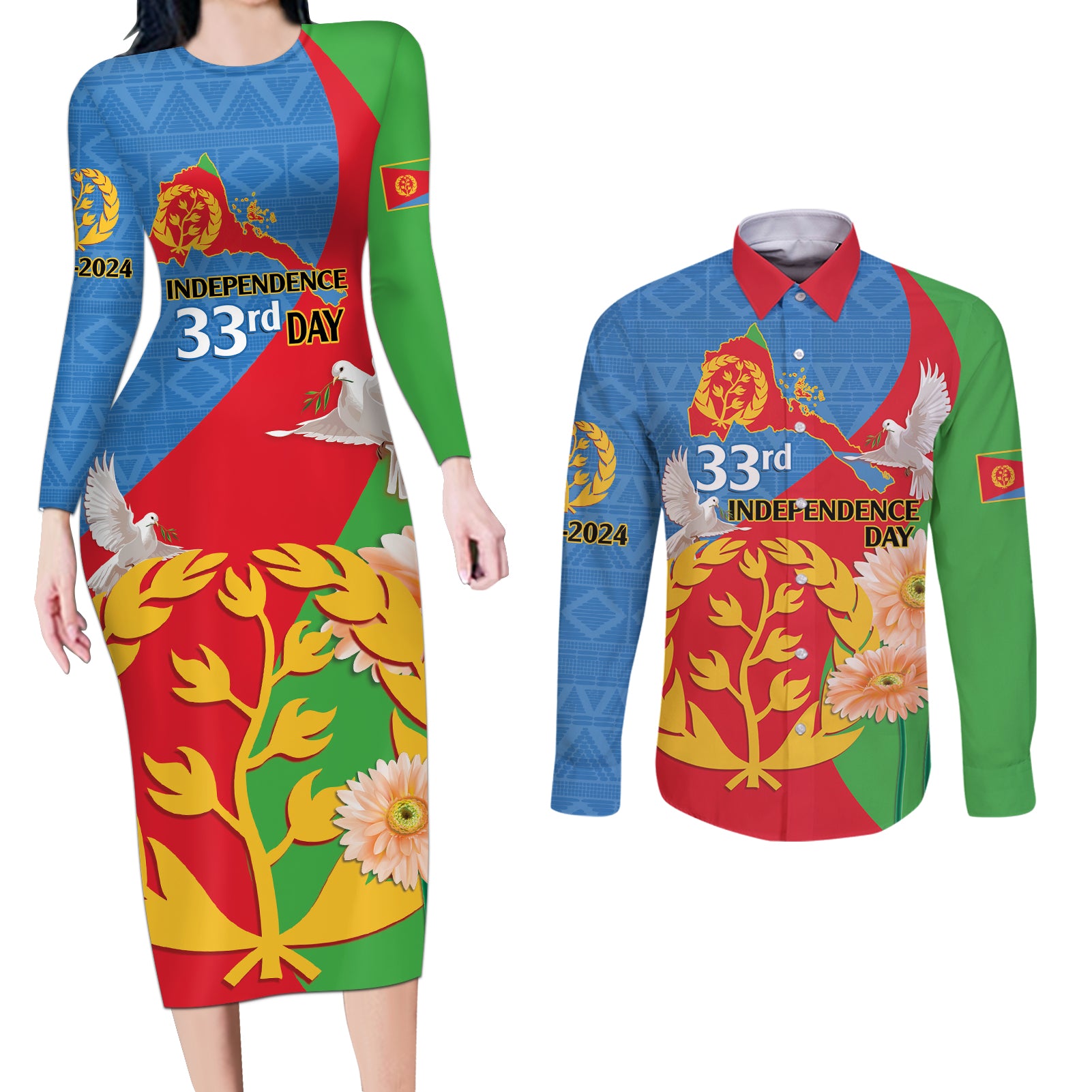 Eritrea Independence Day Couples Matching Long Sleeve Bodycon Dress and Long Sleeve Button Shirt Eritrean Olive Branches 33rd Anniversary