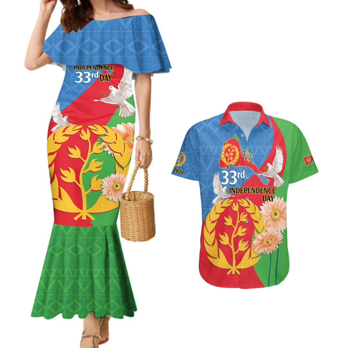 Eritrea Independence Day Couples Matching Mermaid Dress and Hawaiian Shirt Eritrean Olive Branches 33rd Anniversary - Wonder Print Shop