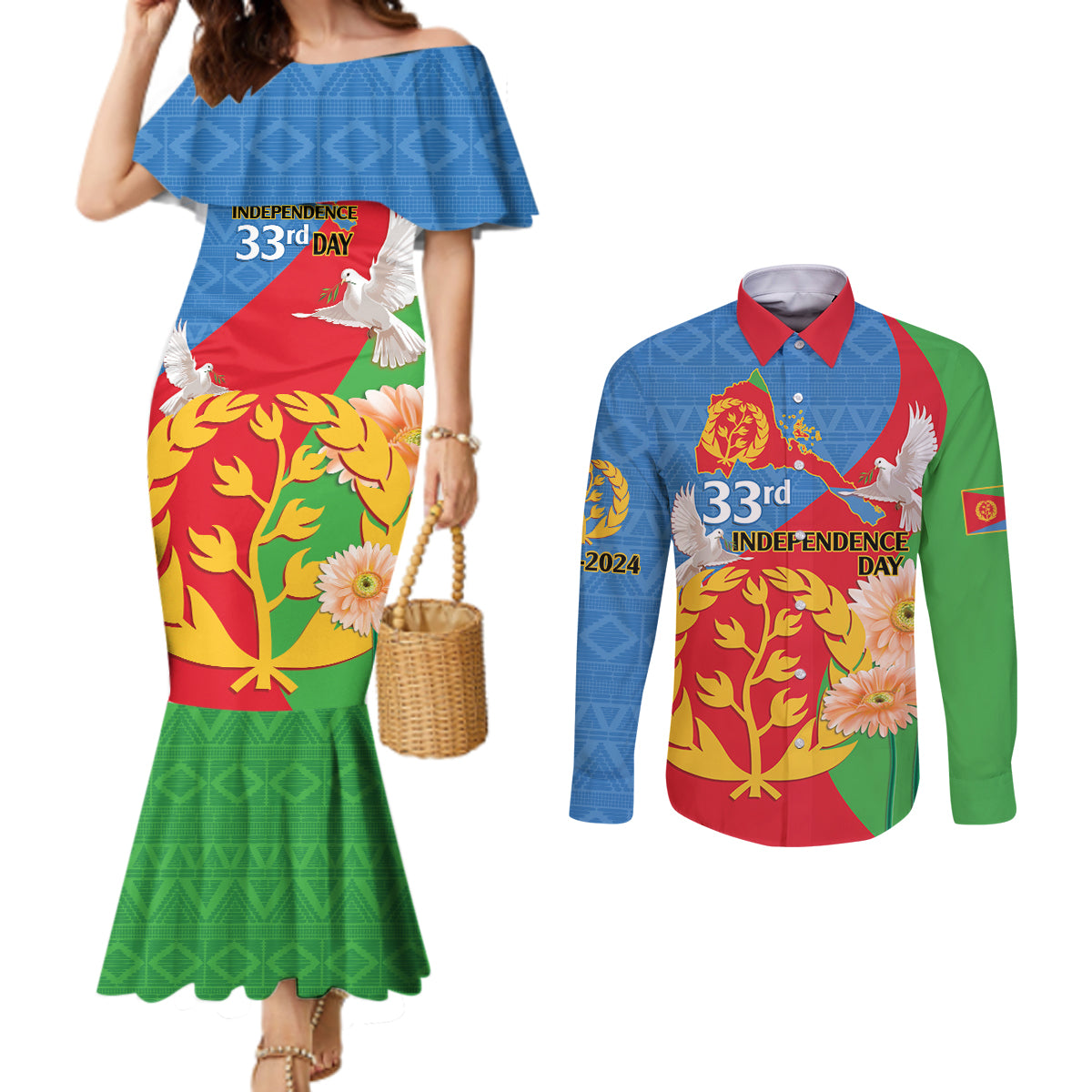 Eritrea Independence Day Couples Matching Mermaid Dress and Long Sleeve Button Shirt Eritrean Olive Branches 33rd Anniversary