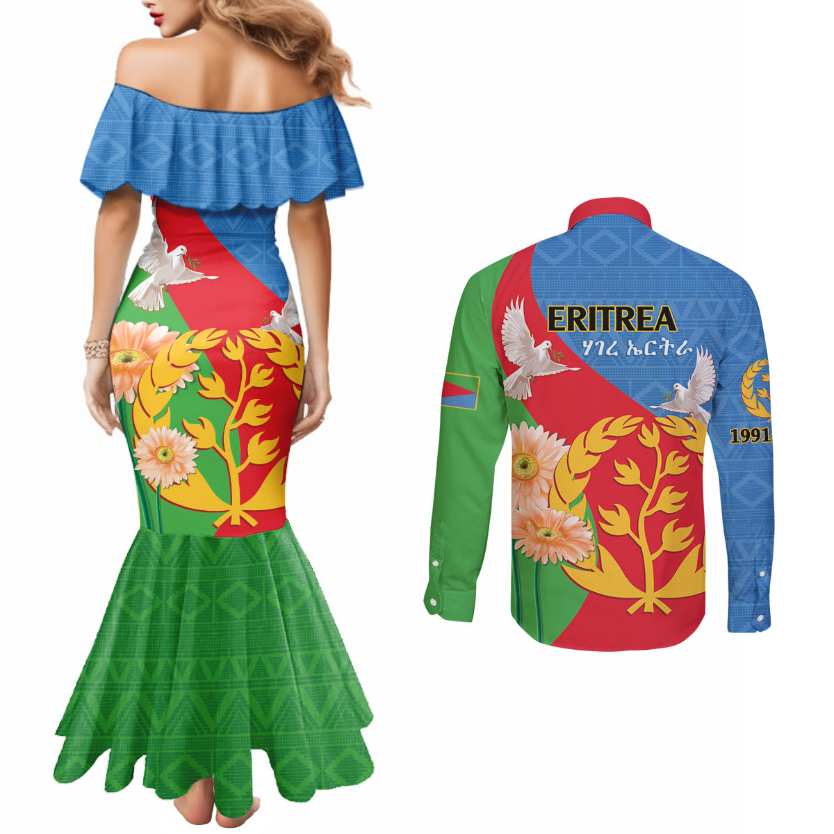 Eritrea Independence Day Couples Matching Mermaid Dress and Long Sleeve Button Shirt Eritrean Olive Branches 33rd Anniversary