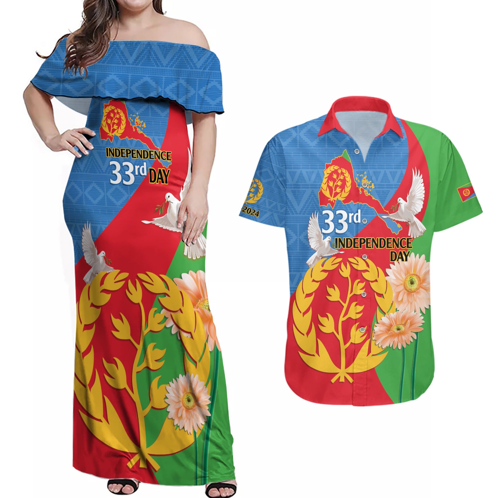 Eritrea Independence Day Couples Matching Off Shoulder Maxi Dress and Hawaiian Shirt Eritrean Olive Branches 33rd Anniversary - Wonder Print Shop