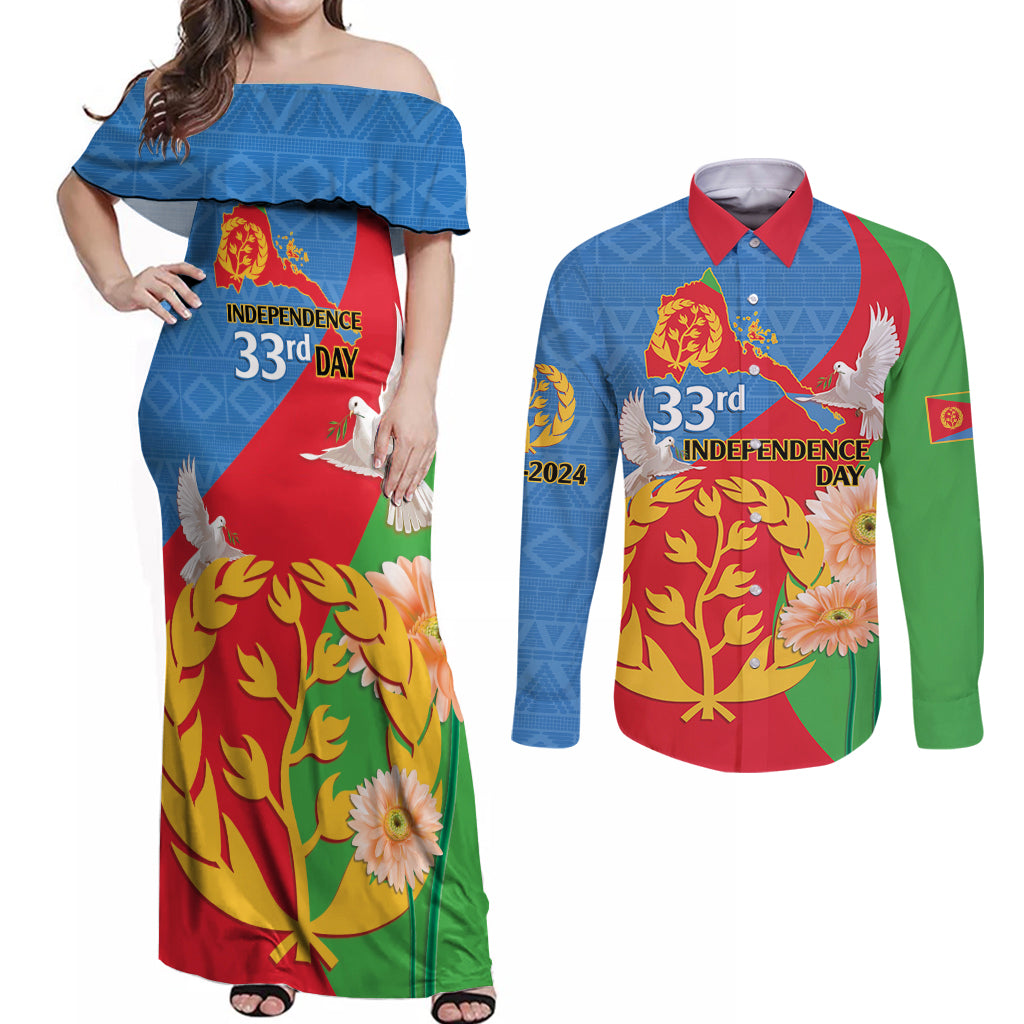 Eritrea Independence Day Couples Matching Off Shoulder Maxi Dress and Long Sleeve Button Shirt Eritrean Olive Branches 33rd Anniversary - Wonder Print Shop