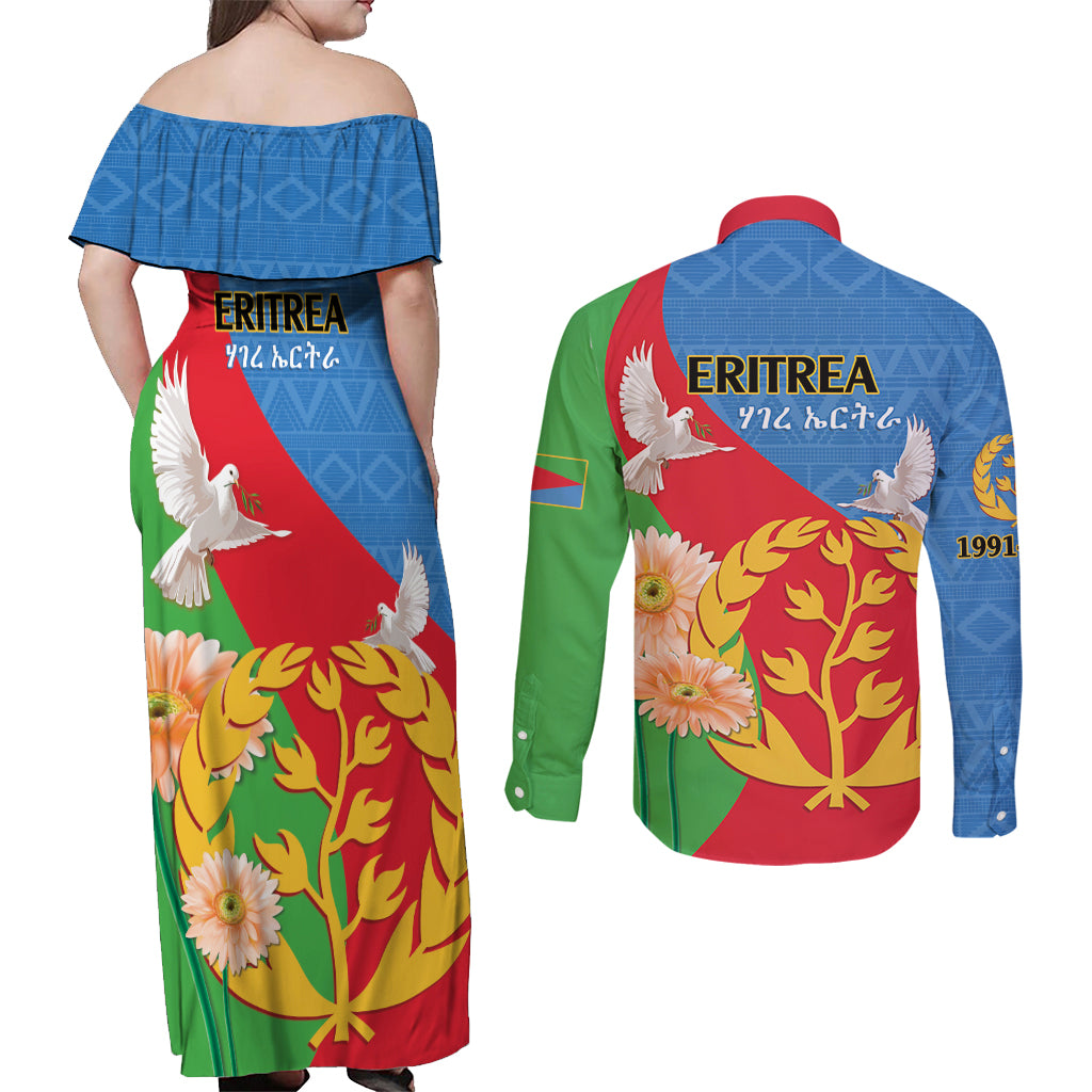 Eritrea Independence Day Couples Matching Off Shoulder Maxi Dress and Long Sleeve Button Shirt Eritrean Olive Branches 33rd Anniversary - Wonder Print Shop