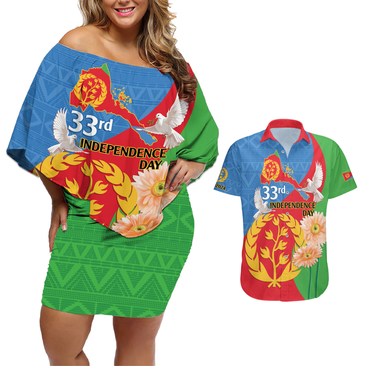 Eritrea Independence Day Couples Matching Off Shoulder Short Dress and Hawaiian Shirt Eritrean Olive Branches 33rd Anniversary - Wonder Print Shop
