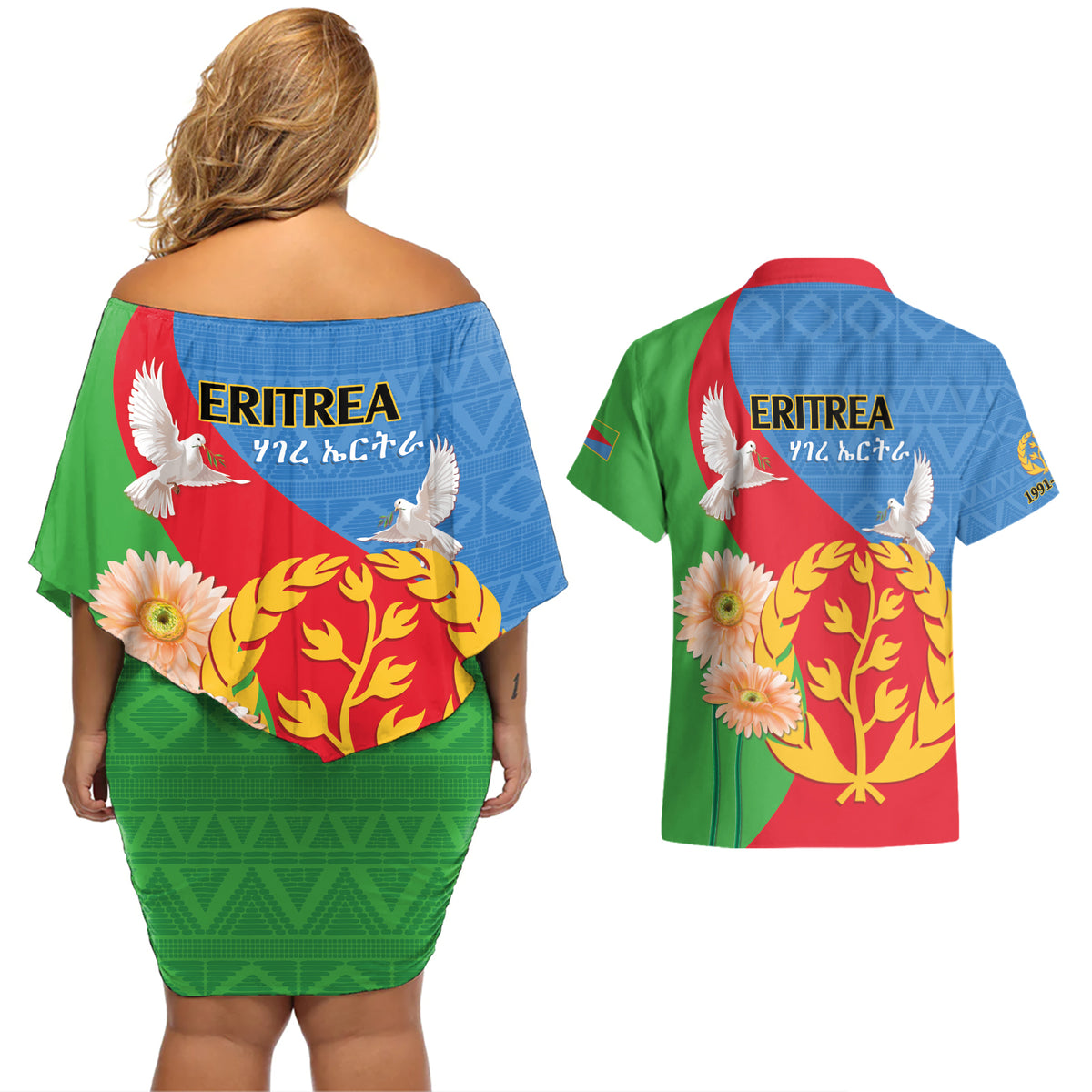 Eritrea Independence Day Couples Matching Off Shoulder Short Dress and Hawaiian Shirt Eritrean Olive Branches 33rd Anniversary - Wonder Print Shop