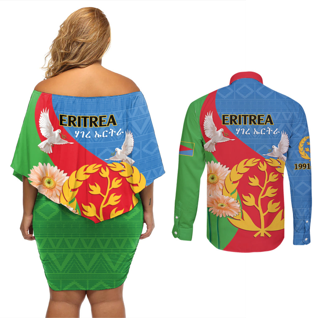 Eritrea Independence Day Couples Matching Off Shoulder Short Dress and Long Sleeve Button Shirt Eritrean Olive Branches 33rd Anniversary - Wonder Print Shop