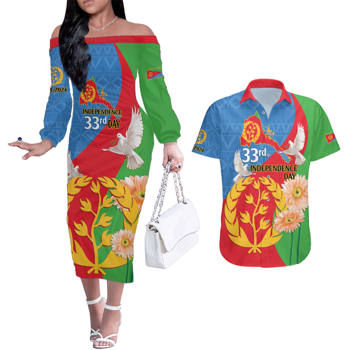 Eritrea Independence Day Couples Matching Off The Shoulder Long Sleeve Dress and Hawaiian Shirt Eritrean Olive Branches 33rd Anniversary - Wonder Print Shop