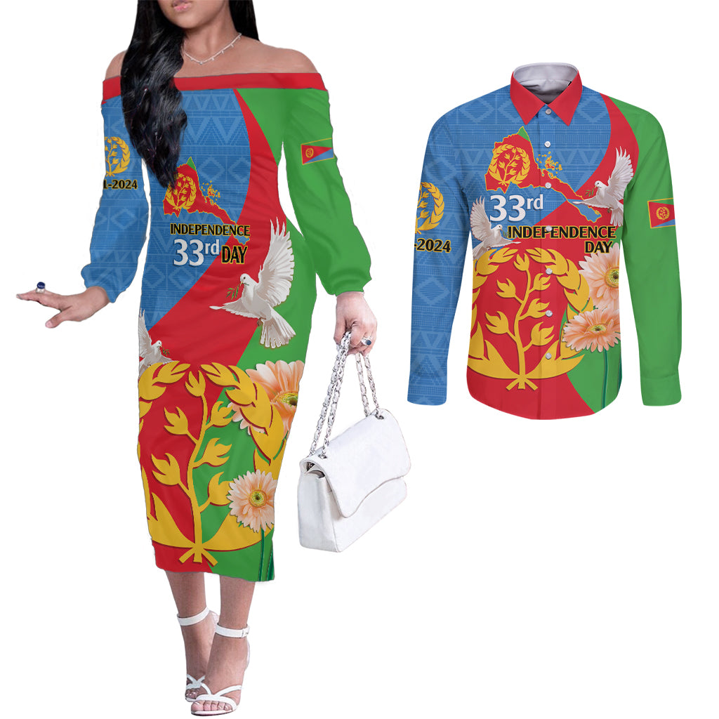 Eritrea Independence Day Couples Matching Off The Shoulder Long Sleeve Dress and Long Sleeve Button Shirt Eritrean Olive Branches 33rd Anniversary